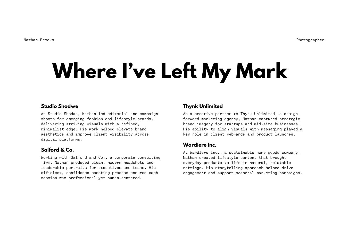 Slide outlining professional experience and past clients of ShutterGrove Photography, using a narrative headline like “Clients + Collaborations” or “The Path Behind the Portfolio.”