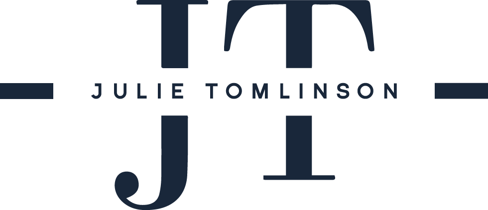 Logo with a large stylized letter T and J, with 'Julie Tomlinson' written across the center.