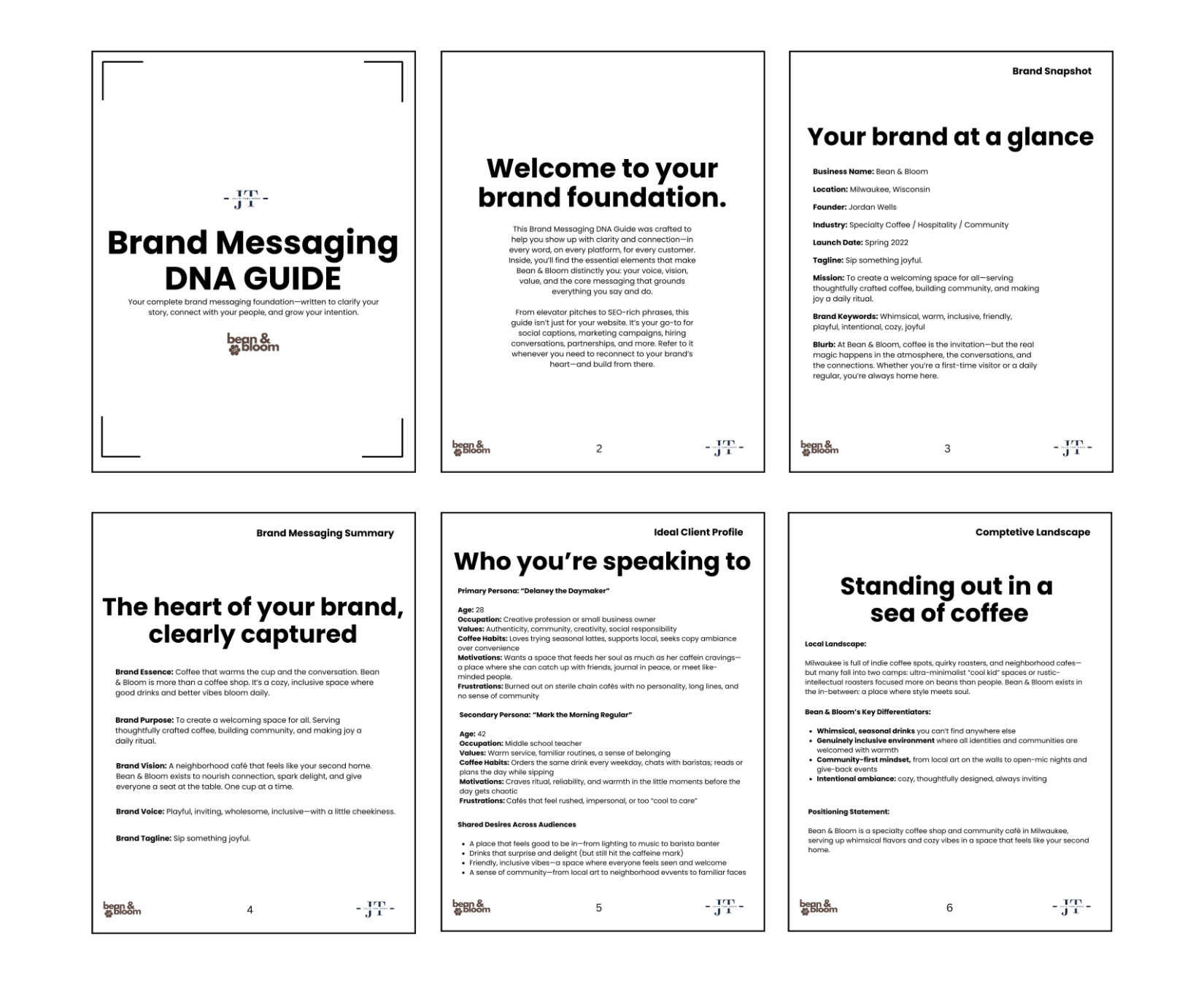 Six pages of a branding guide for Bean & Bloom coffee shop, including titles like 'Brand Messaging DNA Guide,' 'Your brand at a glance,' and 'Standing out in a sea of coffee,' with sections on brand foundation, client profile, and competitive landscape.