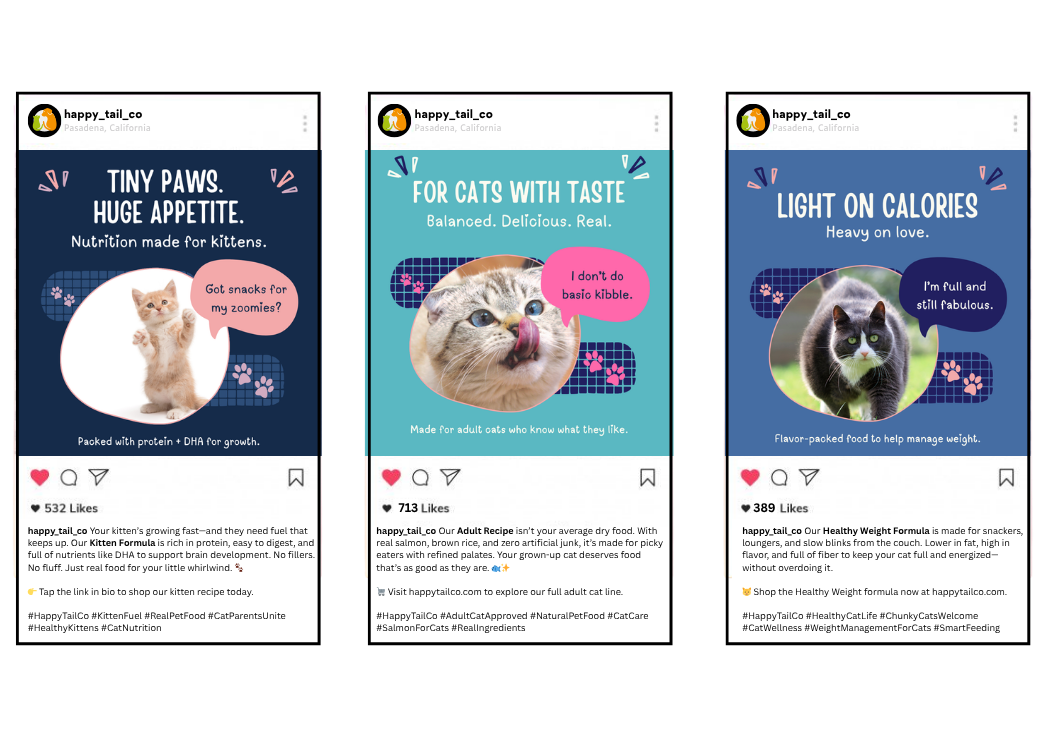Mockup of Instagram posts for Happy Tail Company, a fictional pet food brand with a playful, colorful aesthetic, highlighting social media copywriting by Julie Tomlinson for her copywriting portfolio.