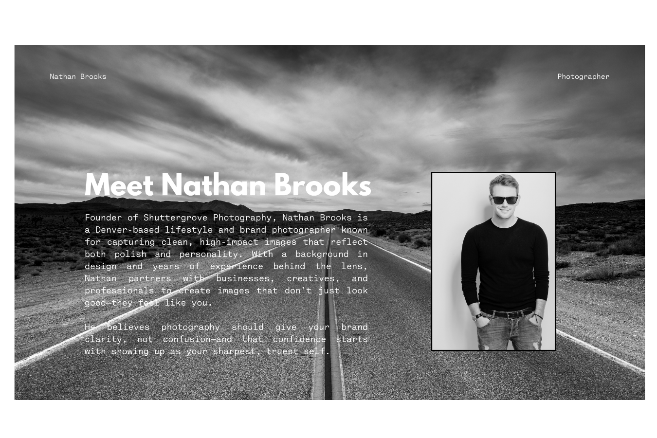 Slide titled “The Eye Behind the Lens” (or your selected headline) with a brief personal intro to Nathan Brooks, founder of ShutterGrove Photography, based in Denver.