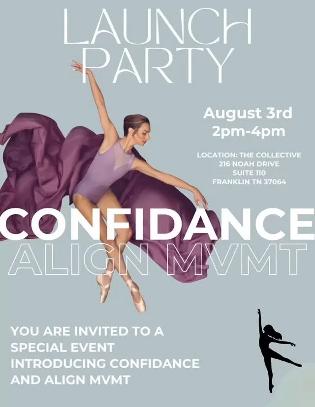 🎉 You’re Invited to the Confidance X Align MVMT Open House!
Sunday, August 3rd | 2:00 PM – 4:00 PM
The Collective Franklin TN
Come celebrate, connect, and kick off something truly special!
Whether you’ve worked with me before or