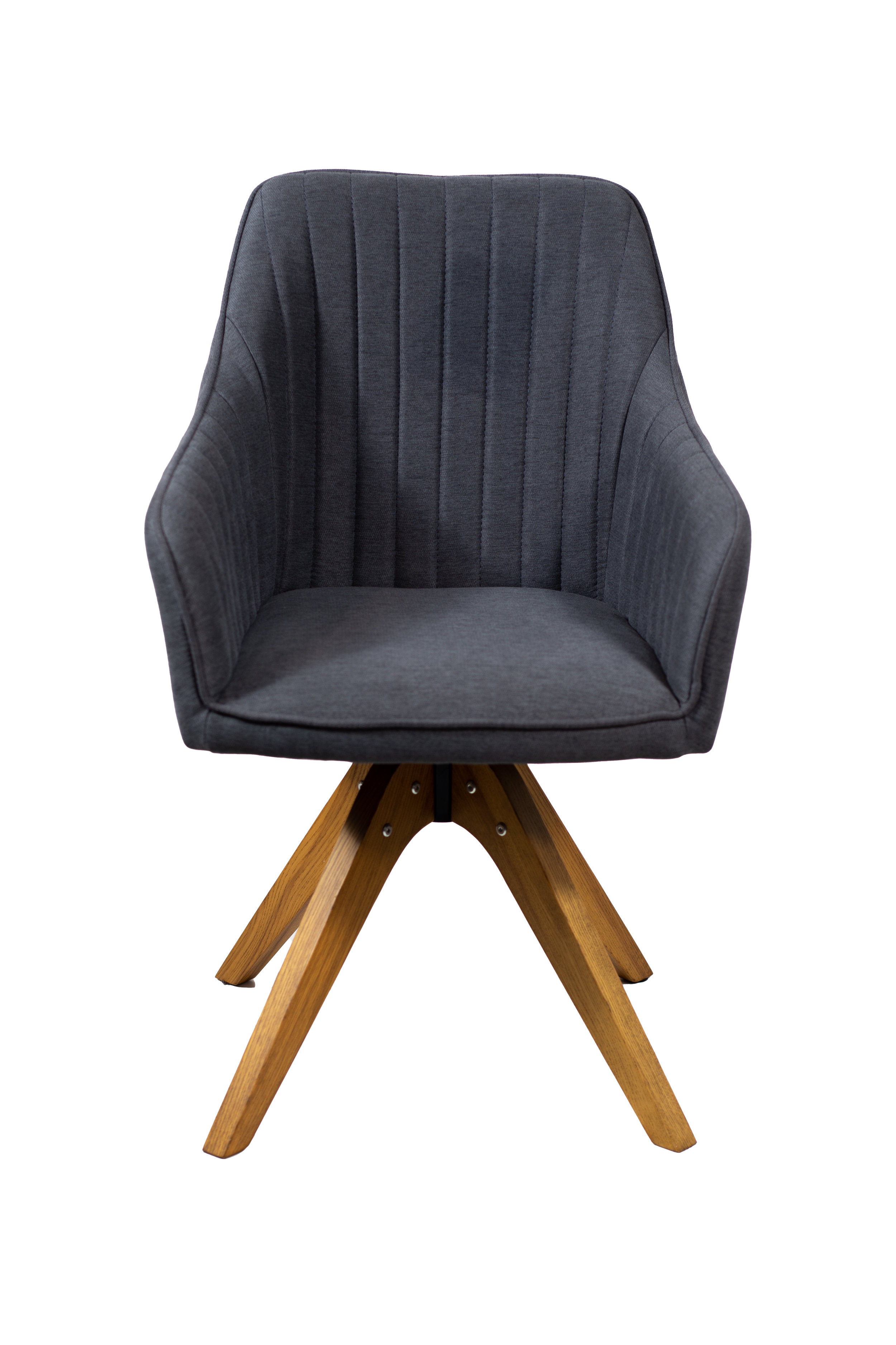 Silla de oficina con cojín gris oscuro y estructura de patas de madera.