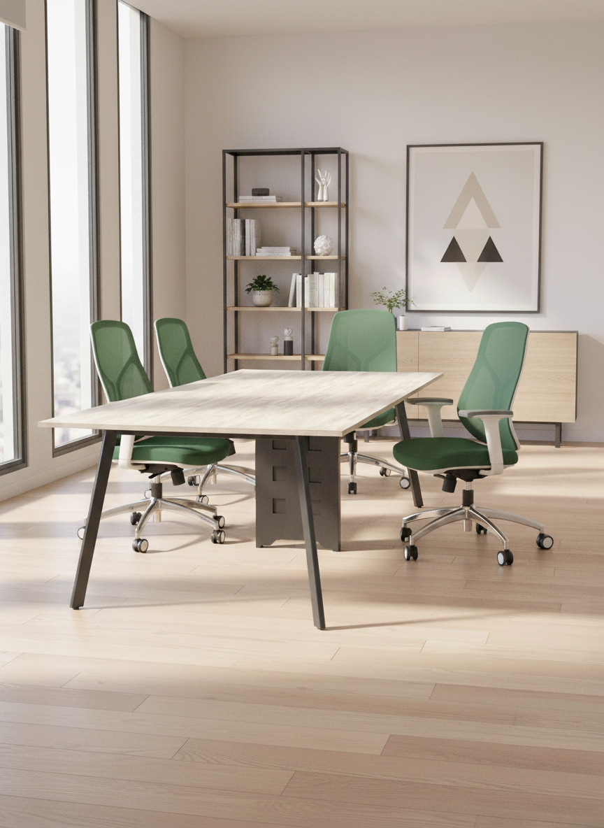 Sala de reuniones con mesa de madera y cinco sillas verdes en un ambiente moderno con estantería de metal y madera, y un cuadro decorativo en la pared.