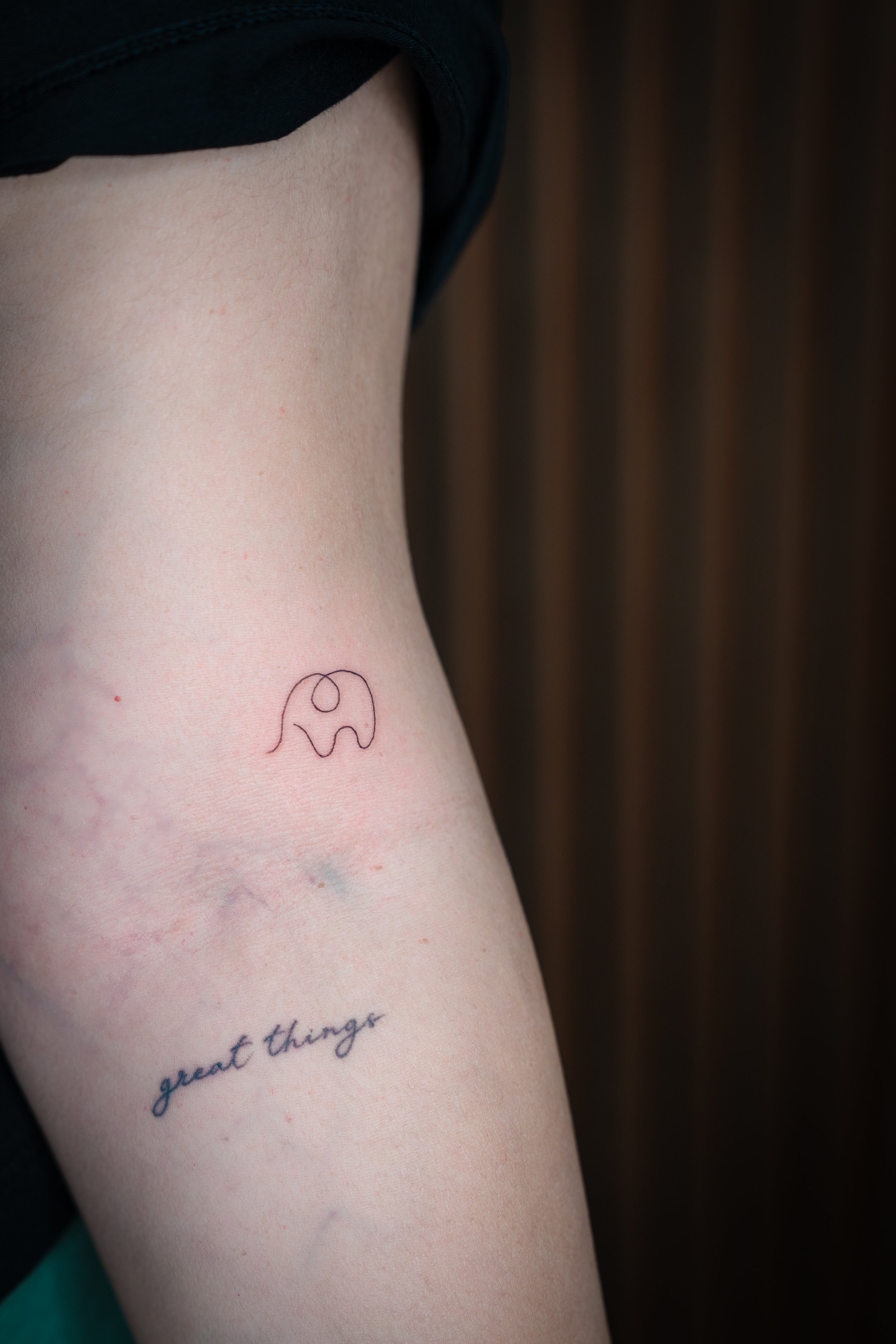 A person's arm with a tattoo of a minimalistic animal and a handwritten phrase 'great things.'