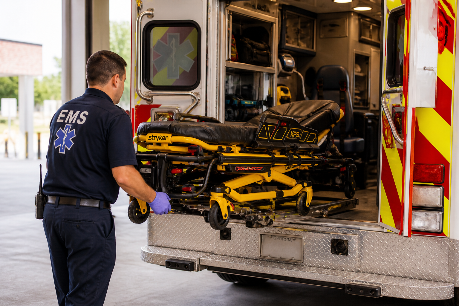 EMS worker loading Stryker stretcher into ambulance