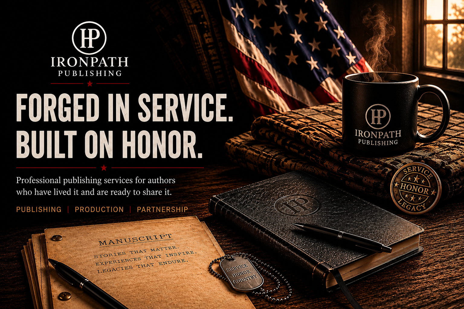 A promotional image for Ironpath Publishing featuring a dark table with a black mug, a black notebook, a vintage manuscript, a pen, and a military dog tag. An American flag is draped behind, and sunlight streams through a window. Text emphasizes service, honor, and professional publishing services.