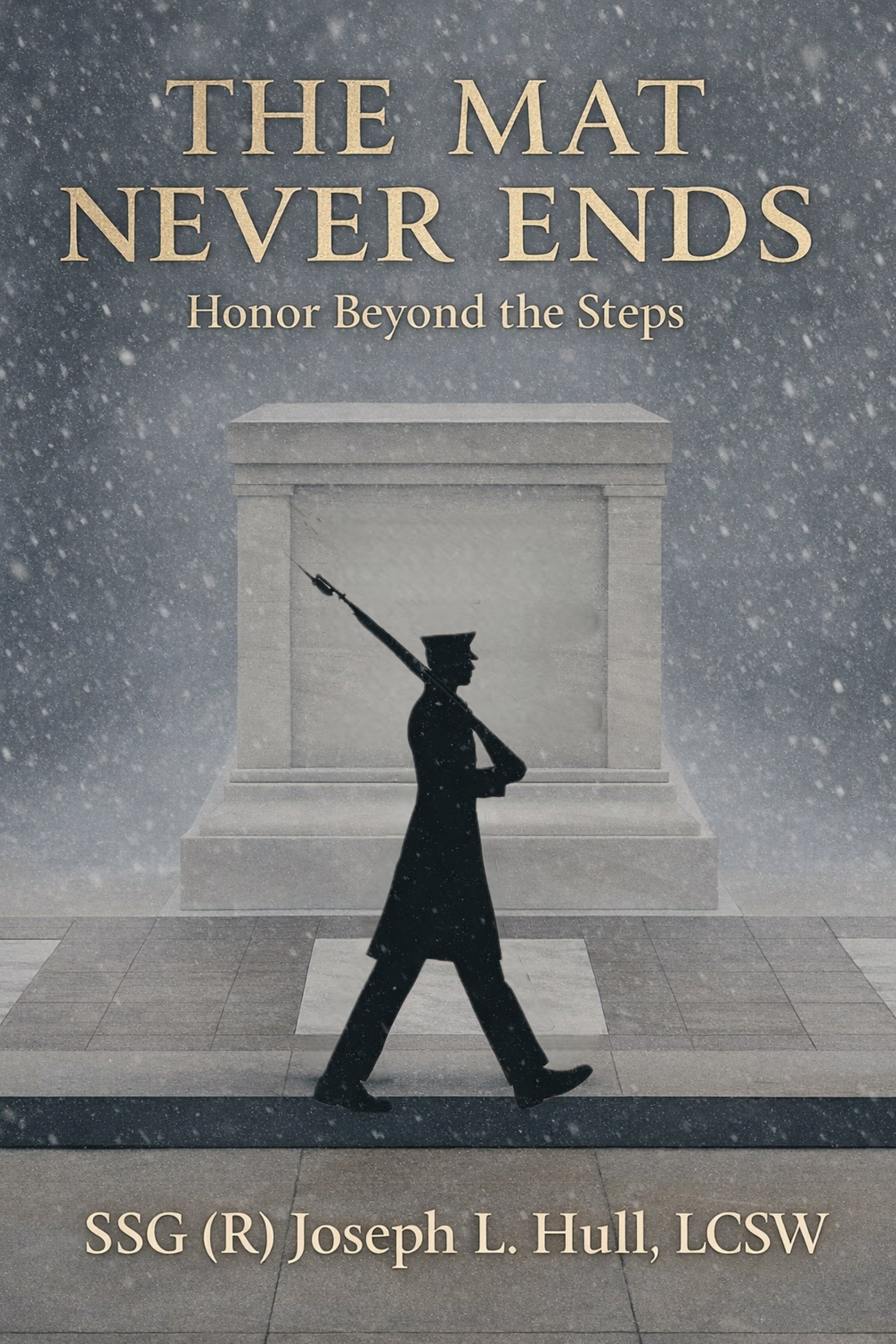 A memorial plaque with the inscription "The mat never ends, honor beyond the steps". It features a silhouette of a marching soldier holding a rifle with a bayonet. The plaque is part of a stone monument, with snow falling in the background.