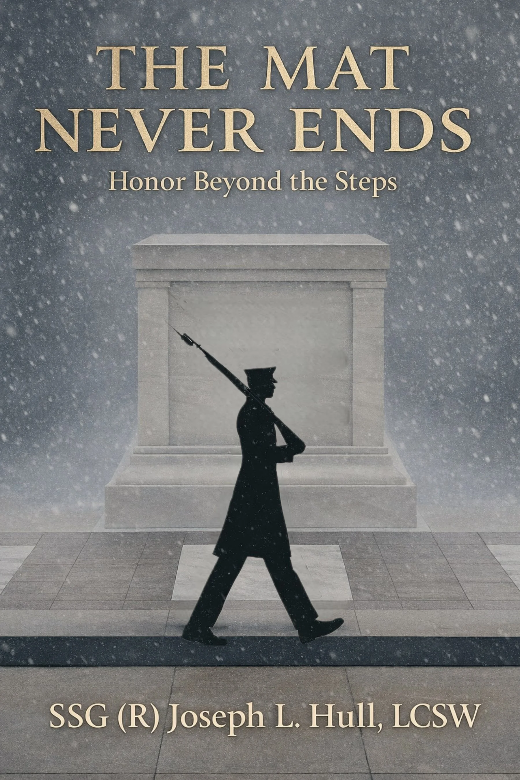 A memorial plaque with the inscription: "The Mat Never Ends - Honor Beyond the Steps". It features a silhouette of a soldier in uniform with a raised rifle in front of a gray stone backdrop, with snow falling around.