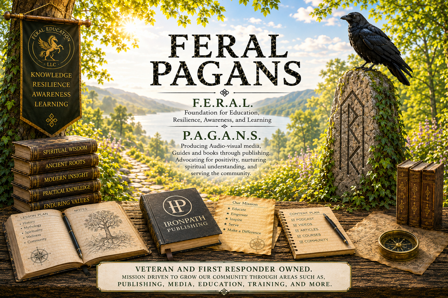 A promotional image for Feral Pagans, Foundation for Education, Resilience, Awareness, and Learning (F.E.R.A.L.). It features a nature background with mountains, river, and trees, along with books, a compass, a raven, and a banner with the words 'Knowledge, Resilience, Awareness, Learning.' There are books titled 'Spiritual Wisdom,' 'Ancient Roots,' 'Modern Insight,' 'Practical Knowledge,' and 'Enduring Values,' as well as an open notebook, a logo 'IonPath Publishing,' and a list of mission goals and content plans.