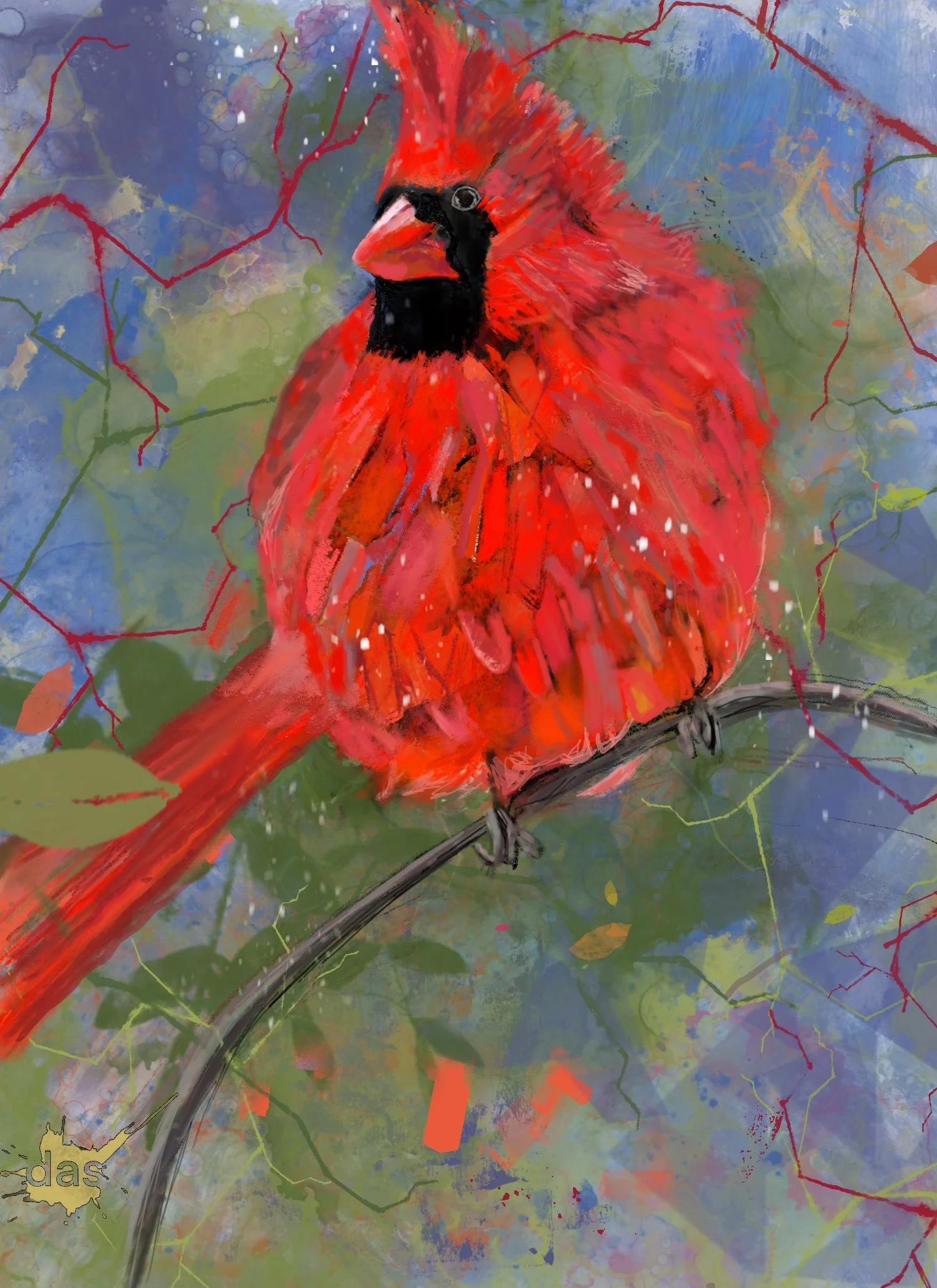 A colorful digital painting of a red cardinal bird perched on a branch, with abstract multicolored background and surrounding leaf-like shapes.