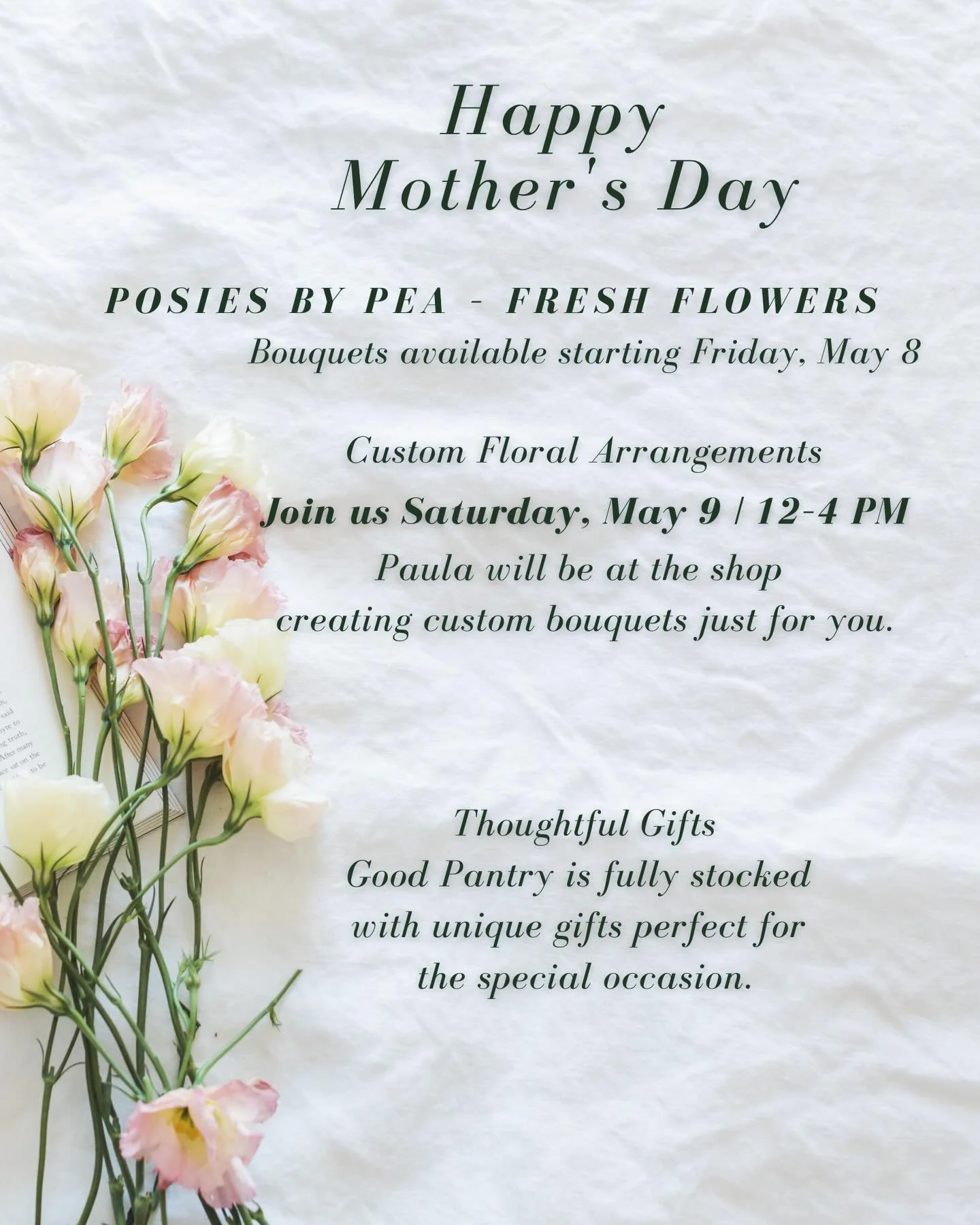 Mother&rsquo;s Day is around the corner 💐

We&rsquo;re so excited to have Posies by Pea flowers in the shop &mdash; thoughtfully sourced from local, family-owned flower farms and arranged with so much care.

Whether you&rsquo;re celebrating a mom, a