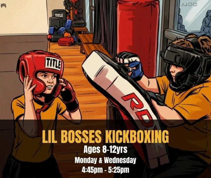 Two kids training in a kickboxing gym wearing protective gear and boxing gloves