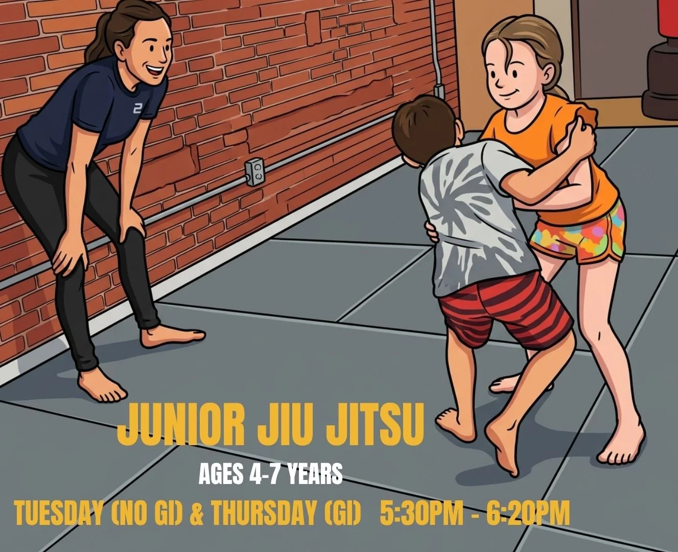 Two children practicing Jiu Jitsu with an instructor in a gym. The children are in a grappling position on the mat, one in a gray shirt and red shorts, the other in an orange shirt and colorful shorts. The instructor, wearing a navy shirt and black pants, is smiling and observing nearby. The gym has a brick wall background with a power outlet and a metal conduit.