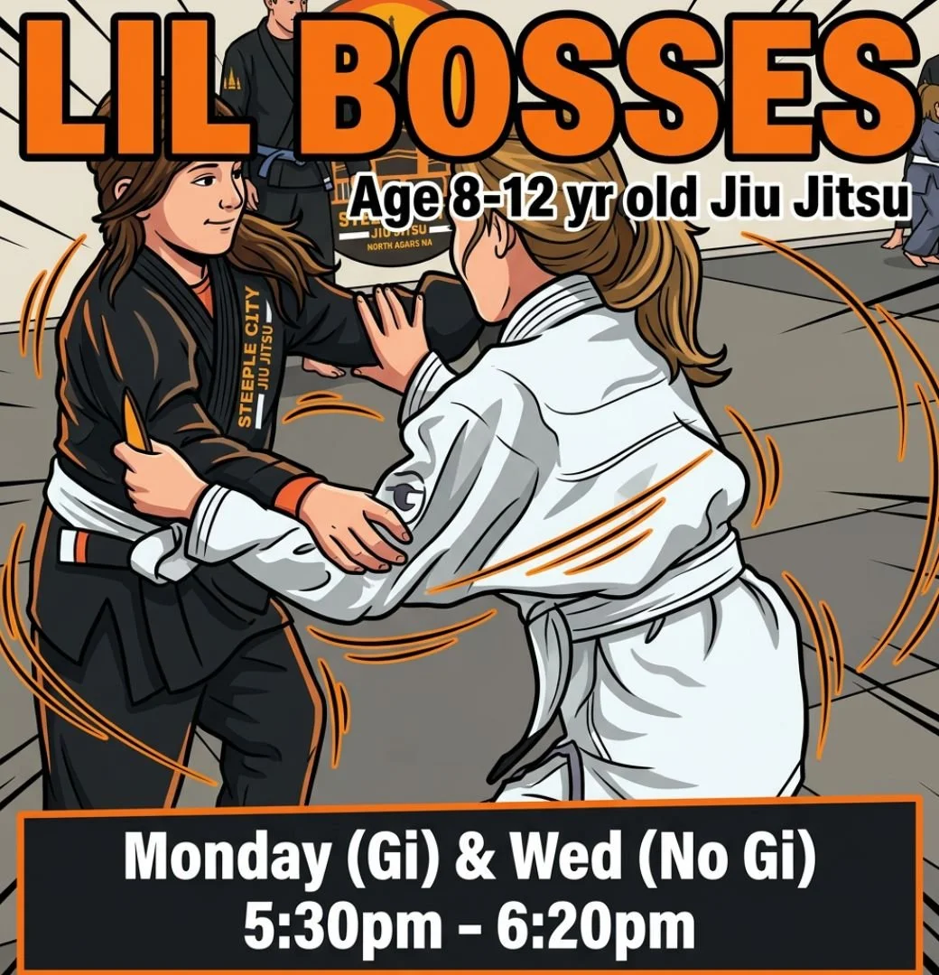 A promotional poster for Lil Bosses, a Jiu Jitsu class for children ages 8-12. The illustration shows two kids practicing Jiu Jitsu in a dojo, one in a black gi and the other in a white gi, engaging in a sparring match. The class runs on Mondays (Gi) and Wednesdays (No Gi) from 5:30 pm to 6:20 pm.