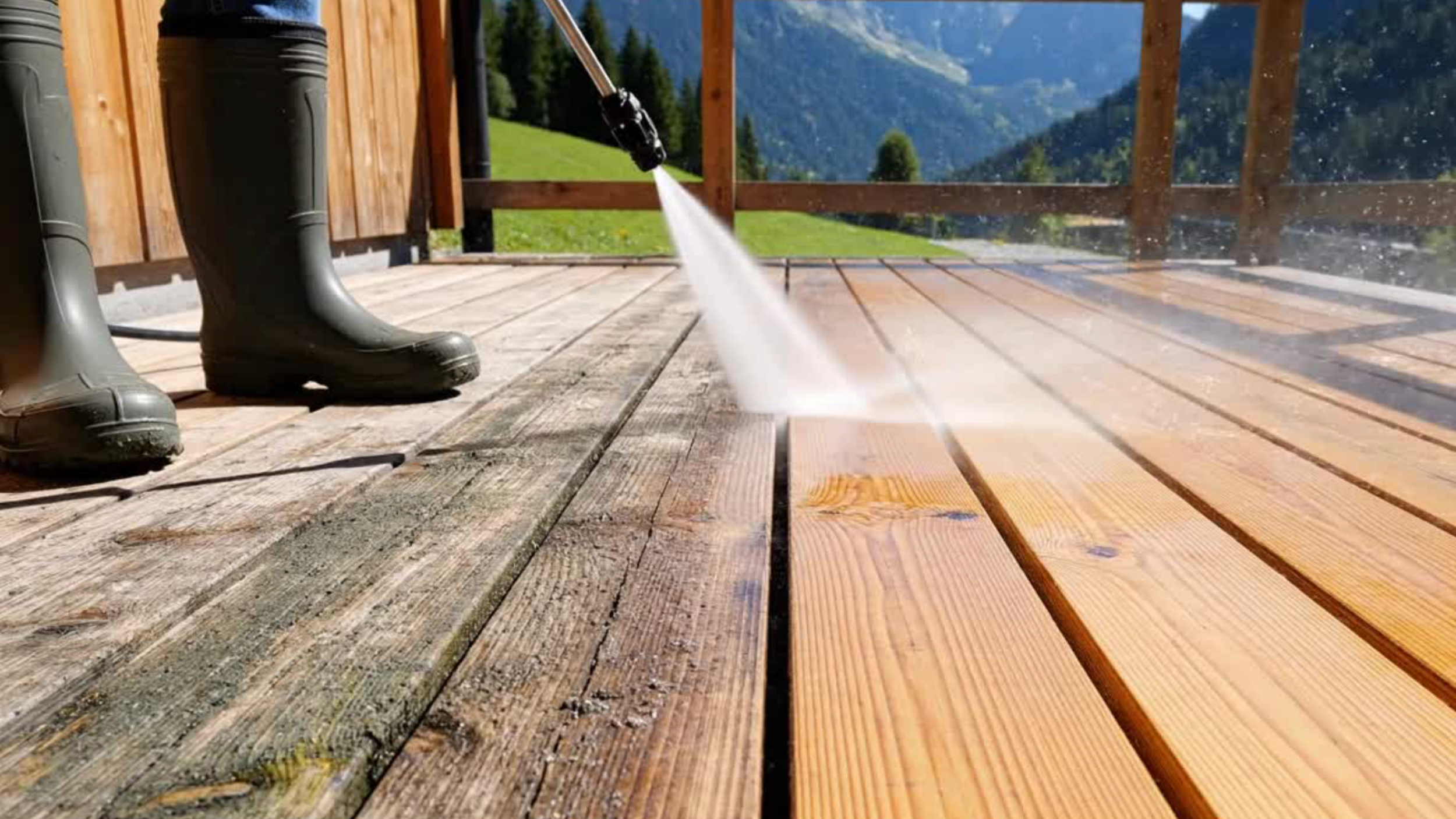 Person reinigt einen Holzboden mit einem Gartenschlauch, trägt Gummistiefel, im Hintergrund eine grüne Landschaft mit Bergen.
