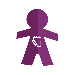 Icon of a notepad with a pencil, on purple background.