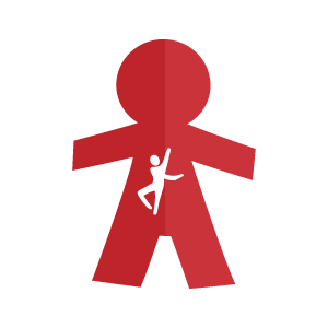 Silhouette of a person rock climbing against a rounded maroon background.