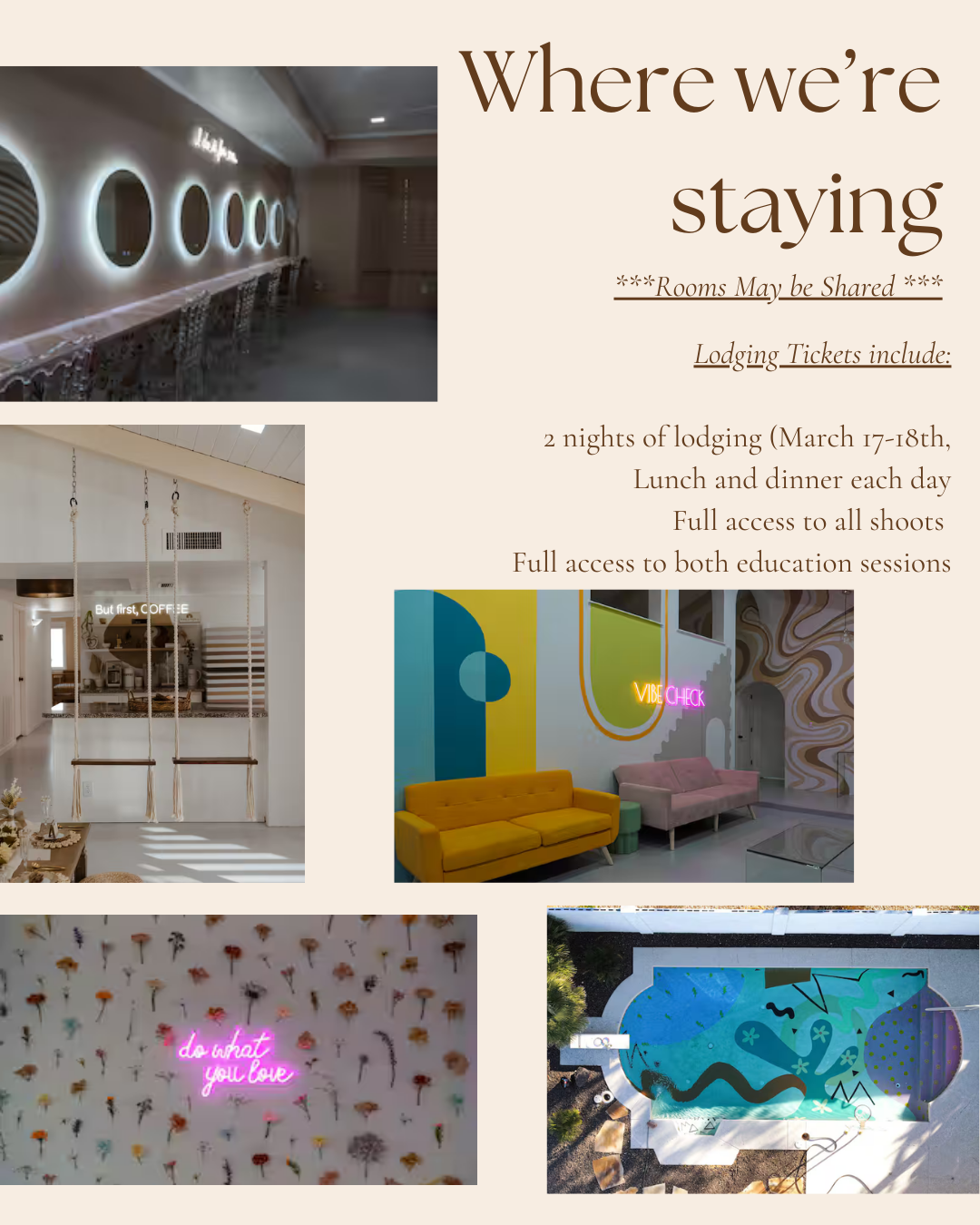 Poster showing information about lodging accommodations, including images of a stylish interior with circular wall mirrors, a cozy lounge area with colorful seating and neon signs, and an outdoor pool with vibrant geometric patterns.