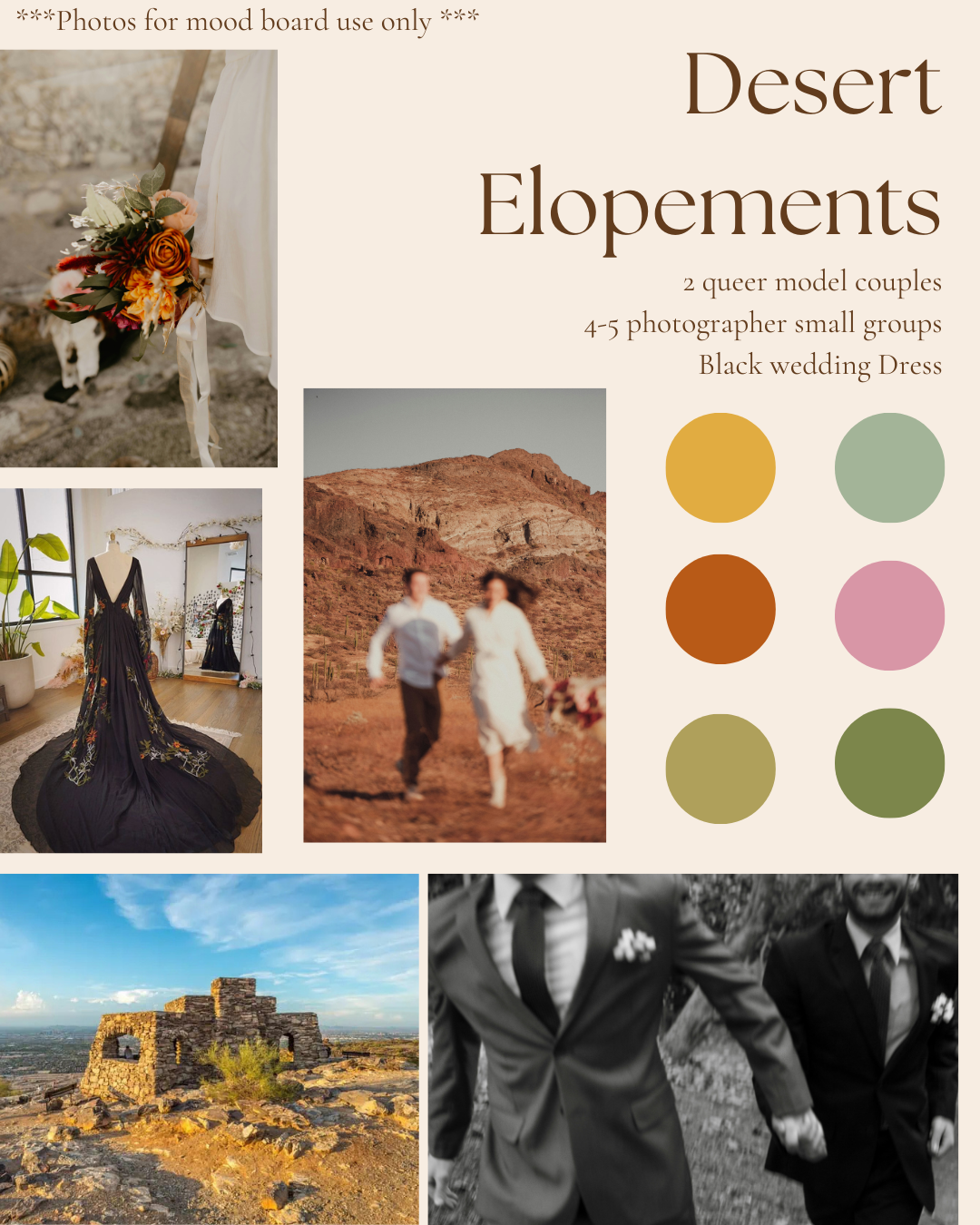A mood board for a desert-themed wedding includes photographs of a bouquet, a black wedding dress, a couple walking in a desert landscape, an ancient stone structure, and two men in suits. The background of the mood board is beige, with color swatches in yellow, sage green, rust orange, pink, light olive, and dark green.