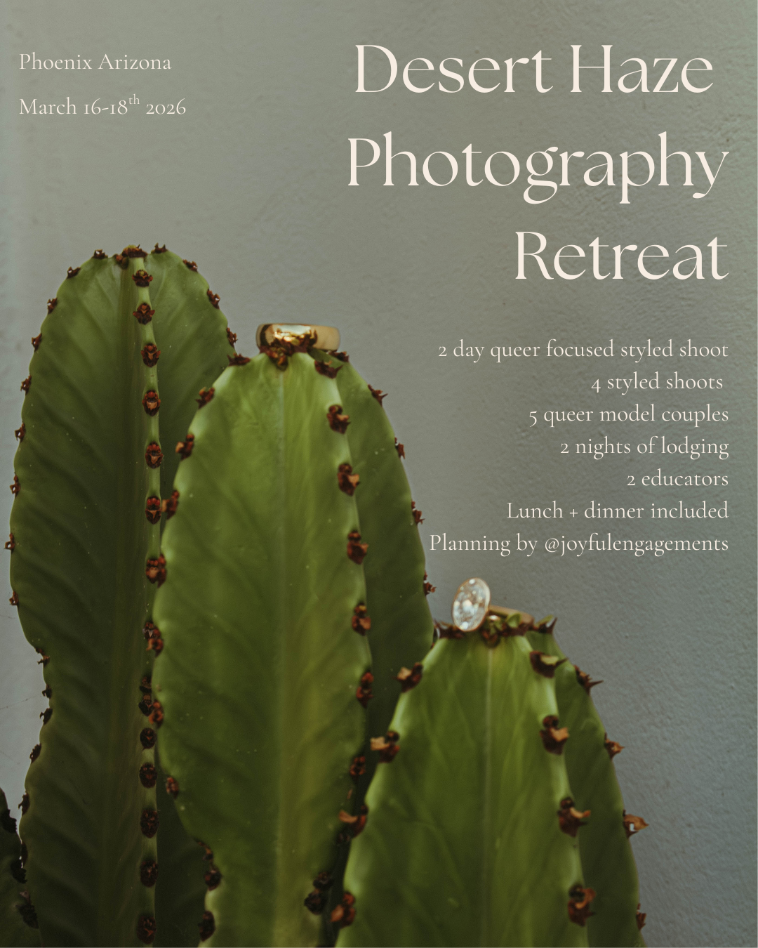 Event poster for Desert Haze Photography Retreat in Phoenix, Arizona, from March 16-18, 2026, featuring a cactus plant with a wedding ring and a small diamond ring attached.