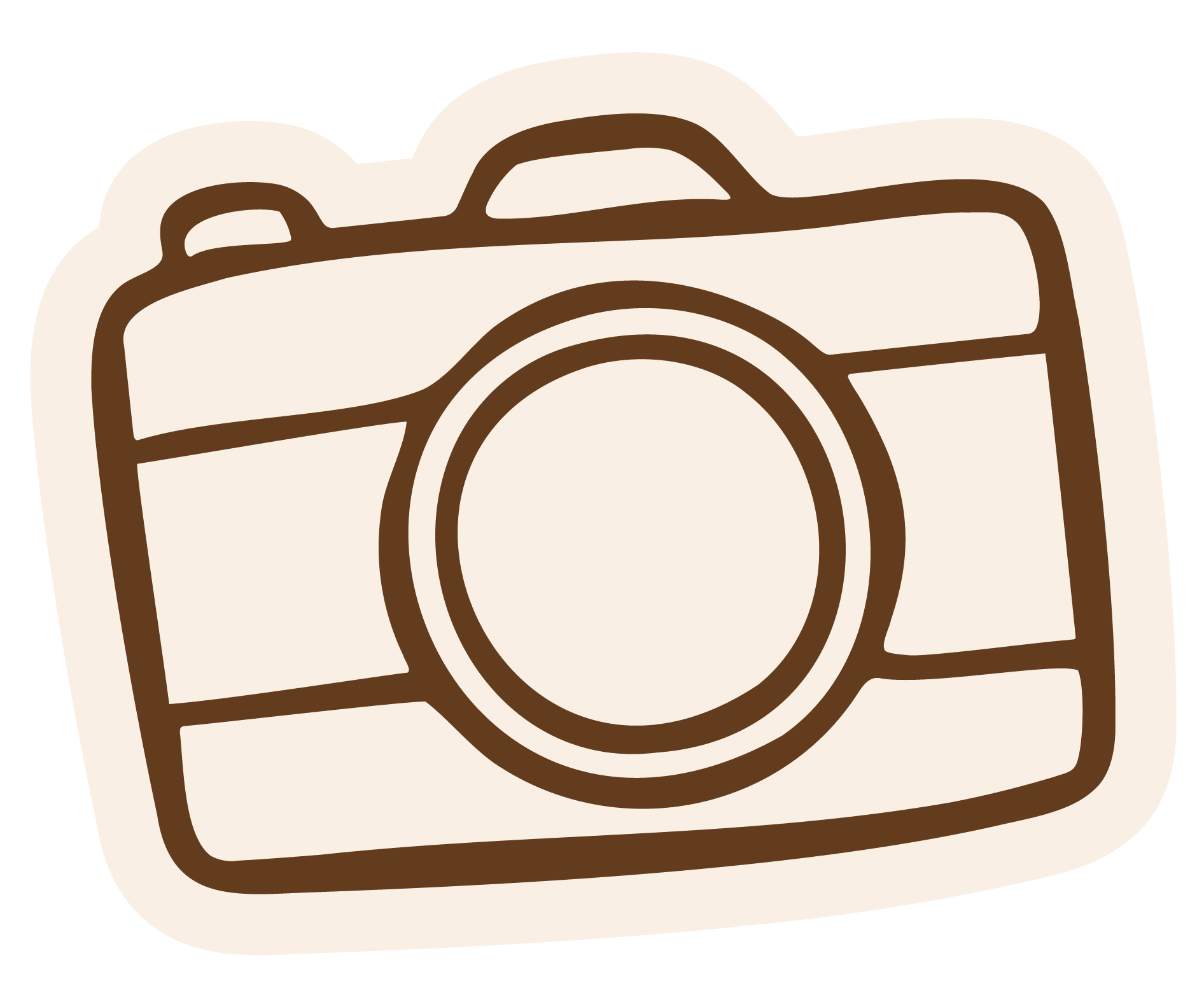 A stylized illustration of a camera with a simple outline design in shades of brown and beige.