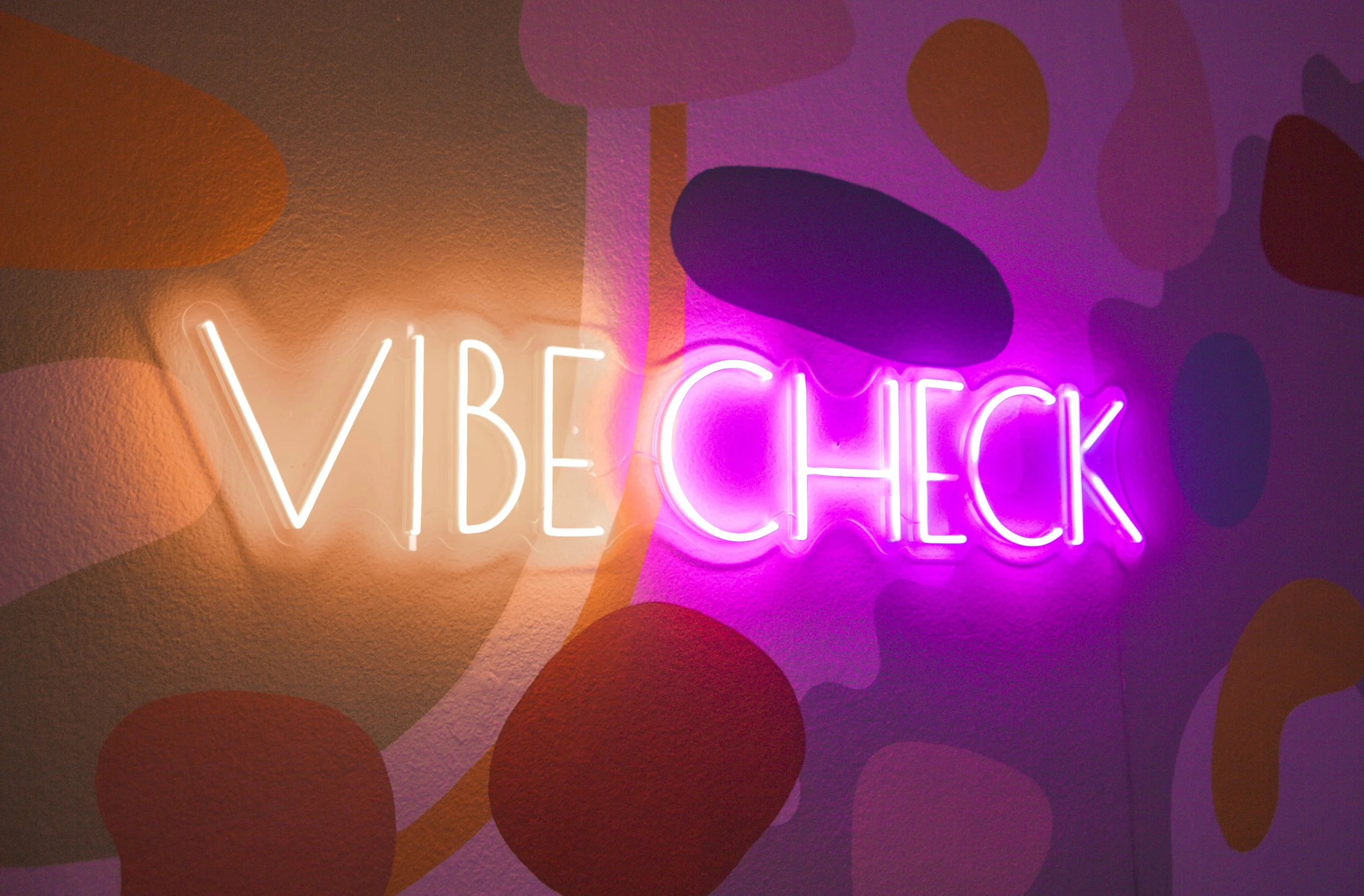 Neon sign reading 'VIBE CHECK' in pink and white, mounted on a wall with colorful, abstract shapes and patterns.