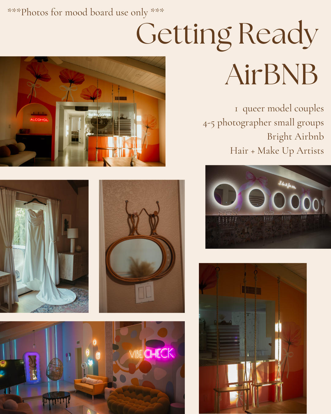 Collage of photos showcasing a bohemian Airbnb rental with vibrant murals, cozy furniture, decorative mirrors, neon signs, and swing chairs, tailored for queer couples, small groups, and hair and makeup artists.