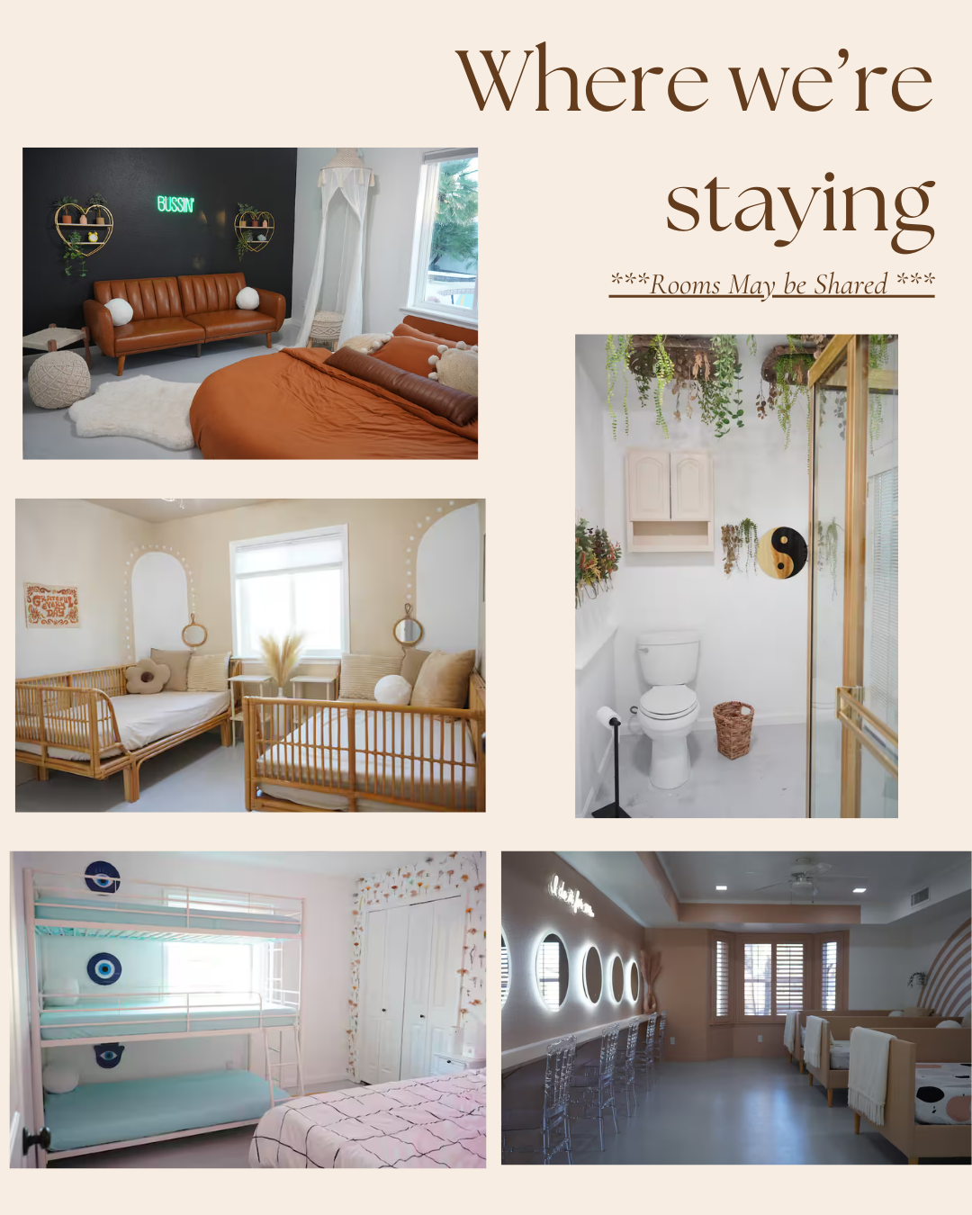 Collage of five images of stylish, modern shared living spaces: a bedroom with a black accent wall and leather sofa, a bedroom with natural wood furniture, a white bathroom with plants and yin-yang decor, a child's bedroom with a bunk bed and colorful accents, a lounge area with circular windows and bar stools.