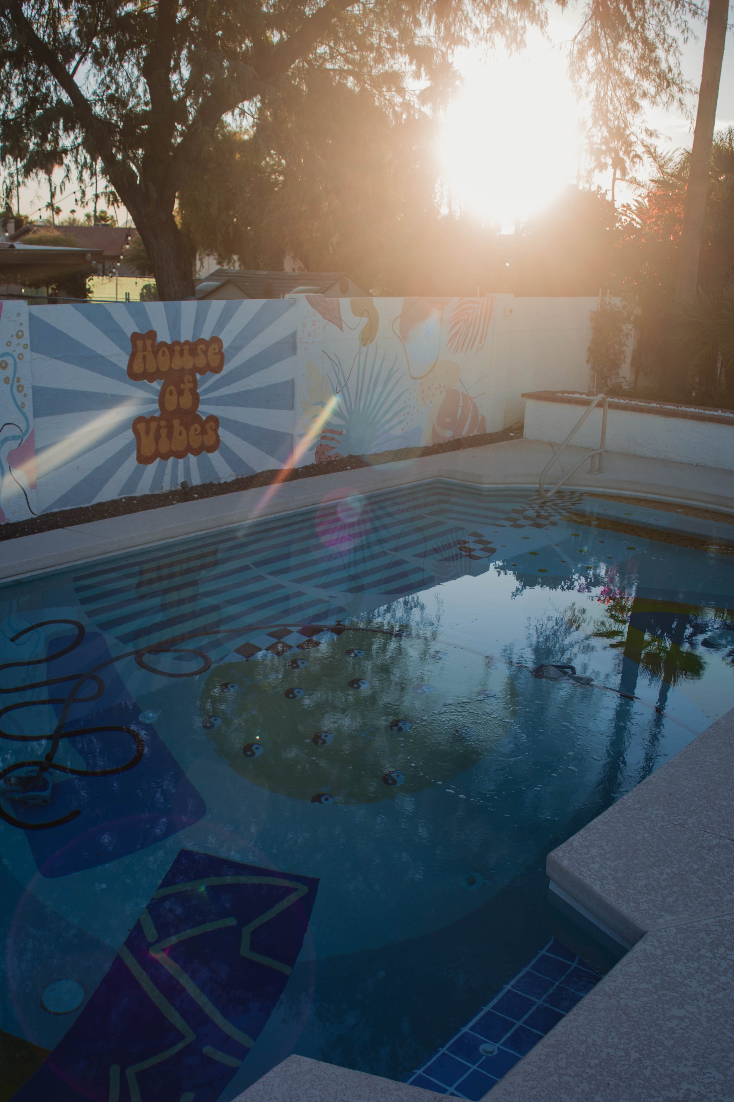 Empty swimming pool with a 'House of Vibes' mural wall, surrounded by trees and sunlight.