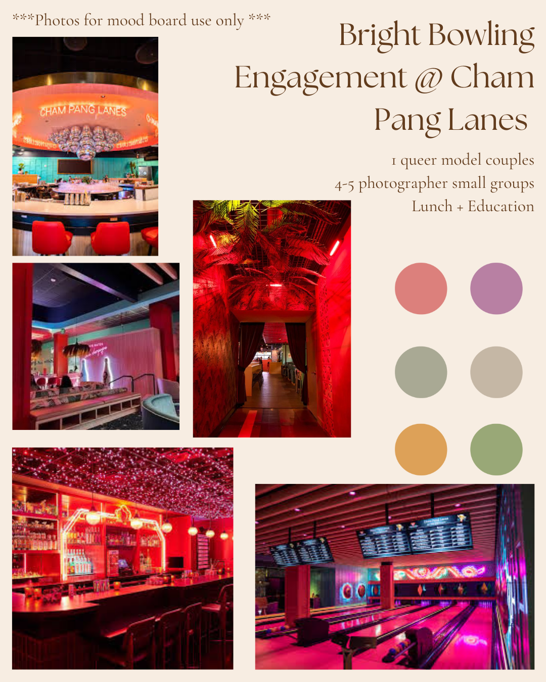 A collage of five photos showcasing the interior of a vibrant bowling alley with colorful lighting, a bar area, lounge seating, and a hallway entrance with greenery and red lighting.