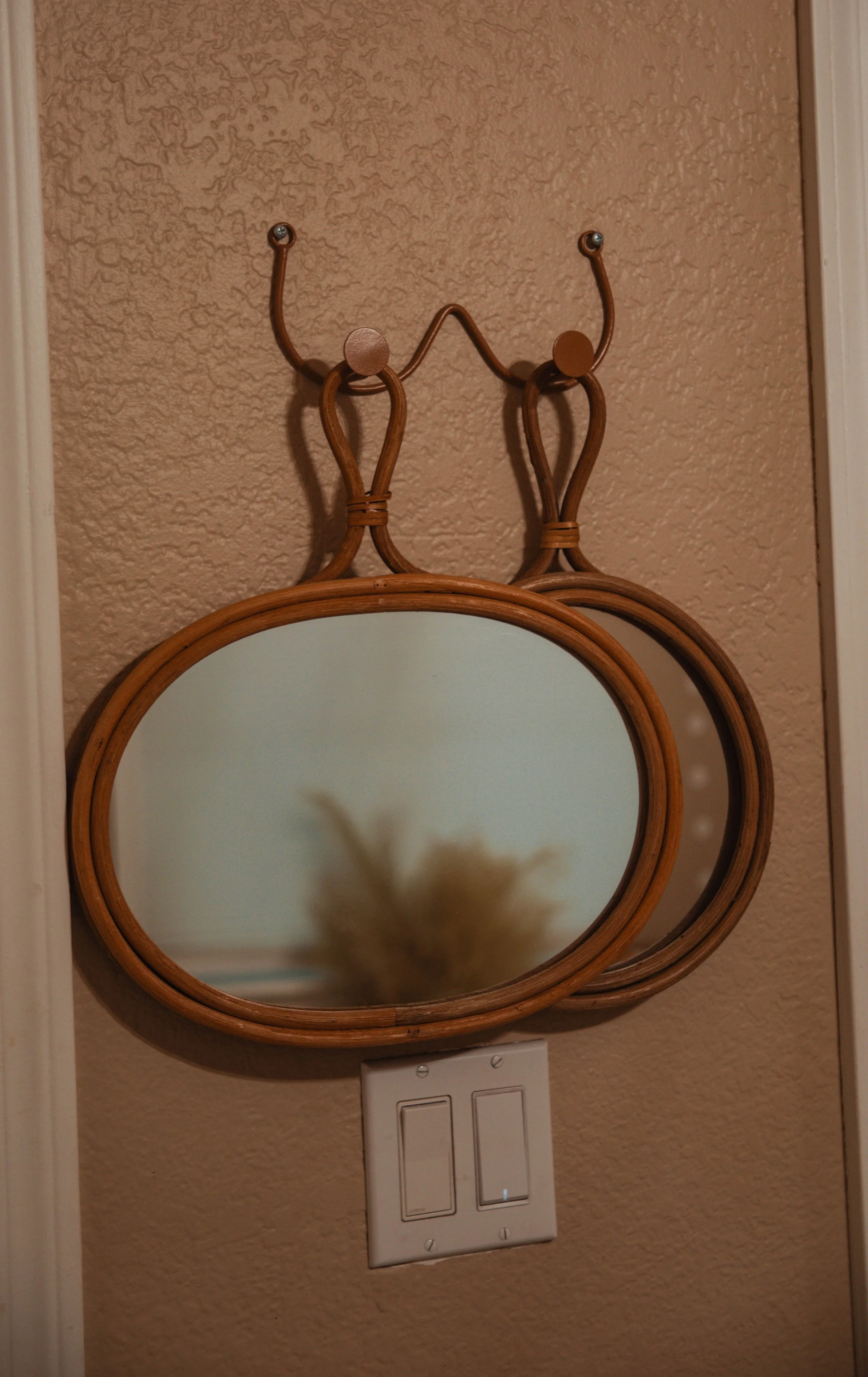 Two round wicker mirrors with wooden frames hanging on a beige wall, reflecting blurred plants, with a white double light switch below.