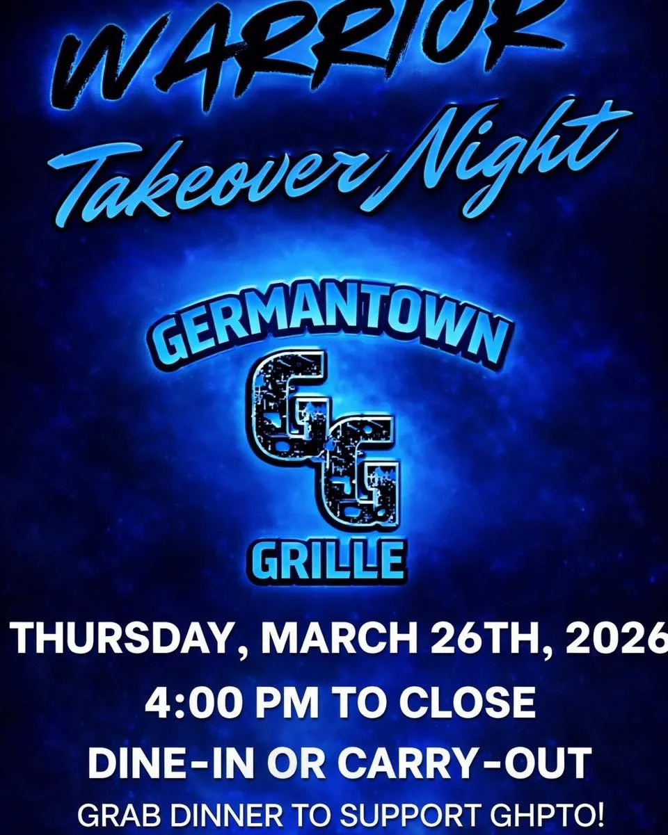 💙🖤 Dinner Plans = DONE! 🖤💙

Make it a night out (or an easy night in 😉) while supporting our school!

Join us for Warrior Takeover Night at Germantown Grille:

📅 Thursday, March 26th
⏰ 4:00 PM &ndash; Close
🍽️ Dine-In or Carry-Out

A portion o