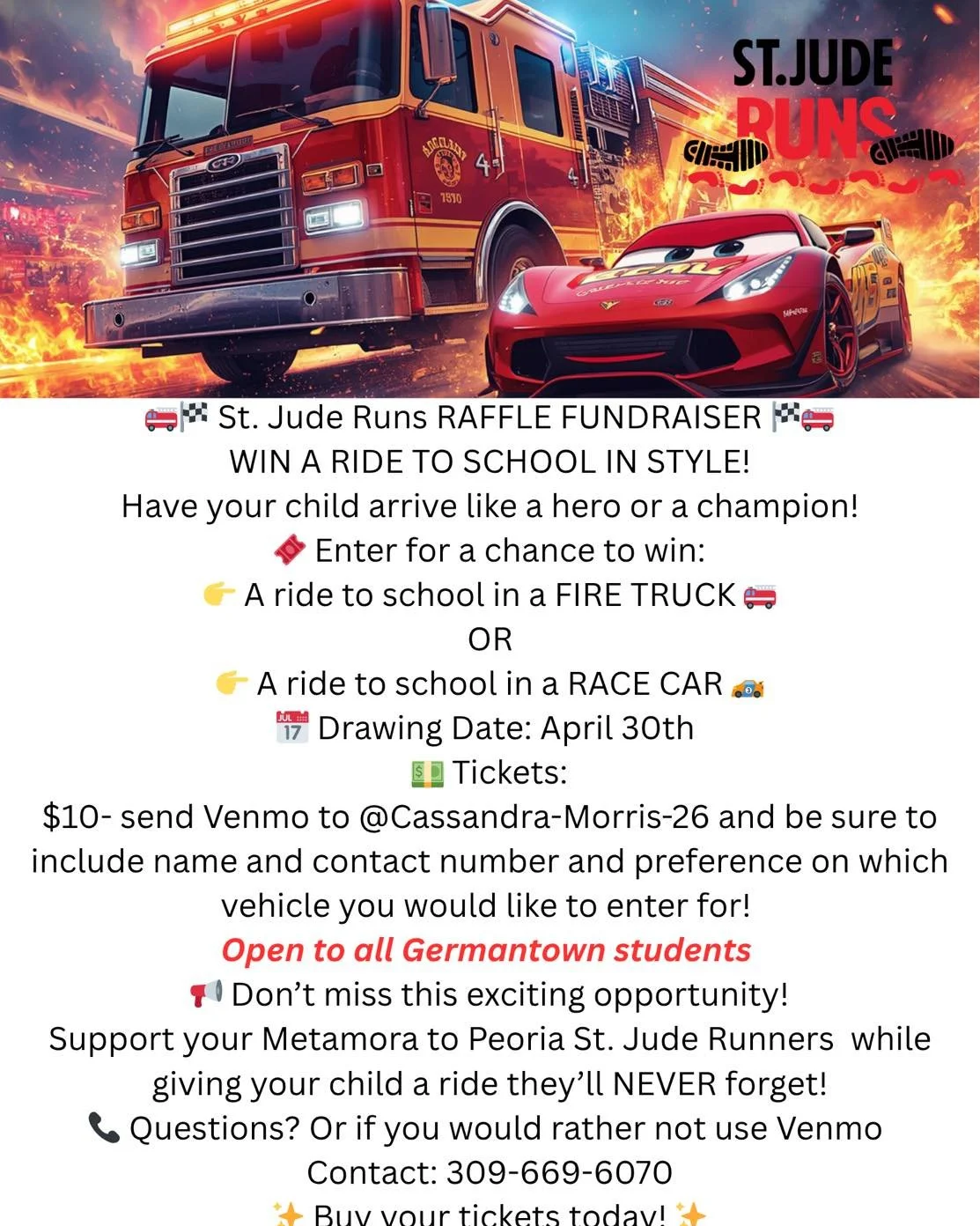 Sharing this for a couple of our amazing school families, who are hosting a raffle to support St. Jude❤️ 

🎟️ Your child could win:
&bull; A ride to school in a FIRE TRUCK
&bull; OR a ride to school in a RACE CAR

See details are on the flyer below,