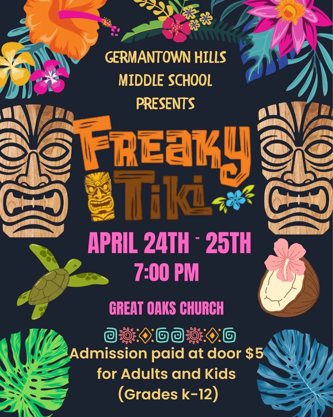 🌺🎭 Freaky Tiki is hitting the stage! 🎭🌺

Join us this Friday and Saturday at 7PM at Great Oaks Church to watch our incredibly talented middle school students perform Freaky Tiki!

These productions are always something special, and with the guida