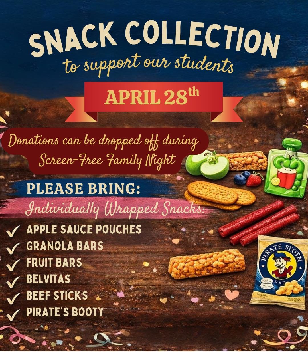 We&rsquo;re collecting snacks to support our students&mdash;and we&rsquo;d love your help 💙

During Screen-Free Family Night on April 28th, we&rsquo;ll have a donation bin set up for individually wrapped snacks that will go right back to support kid