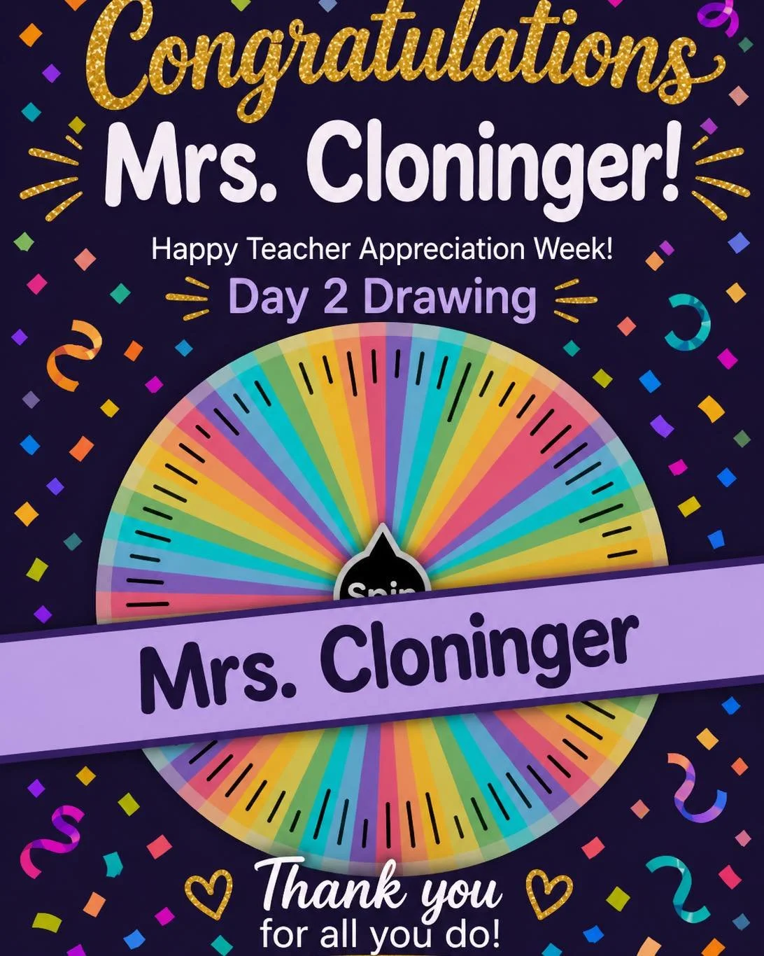 🎉 Day 2 Raffle Drawing Winner! 🎉

Congratulations to Mrs. Cloninger! 💜🍎

We&rsquo;re so excited to celebrate you during Teacher &amp; Staff Appreciation Week! Thank you for the heart, dedication, and care you pour into our students every single d