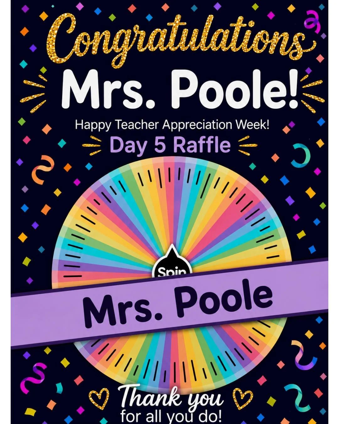 And just like that&hellip; we&rsquo;ve reached Day 5 of Teacher &amp; Staff Appreciation Week! 🎉💙💛

Congratulations to Mrs. Poole&mdash;our final raffle winner of the week!

As our school librarian, Mrs. Poole helps create a space where imaginatio