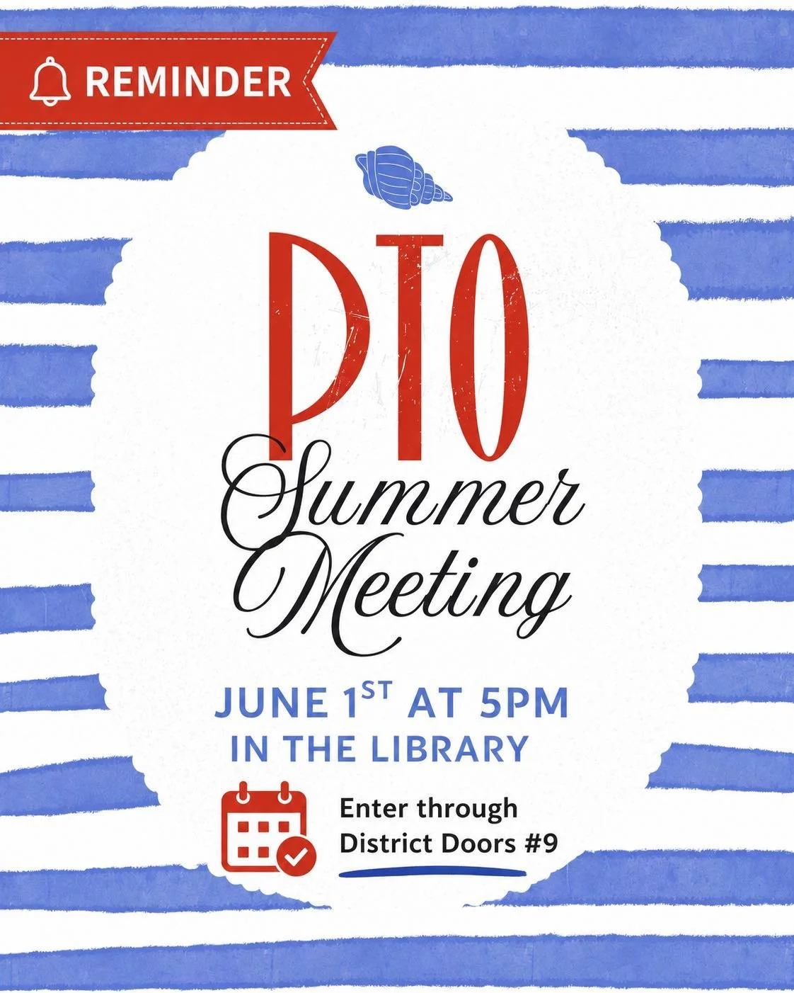 ⏰ REMINDER ⏰

Join us tomorrow for our PTO Summer Meeting!

📅 June 1
🕔 5:00 PM
📍 School Library
🚪 Enter through District Door #9

This meeting is more of an open forum, and we&rsquo;d love to hear your ideas, suggestions, and feedback as we begin