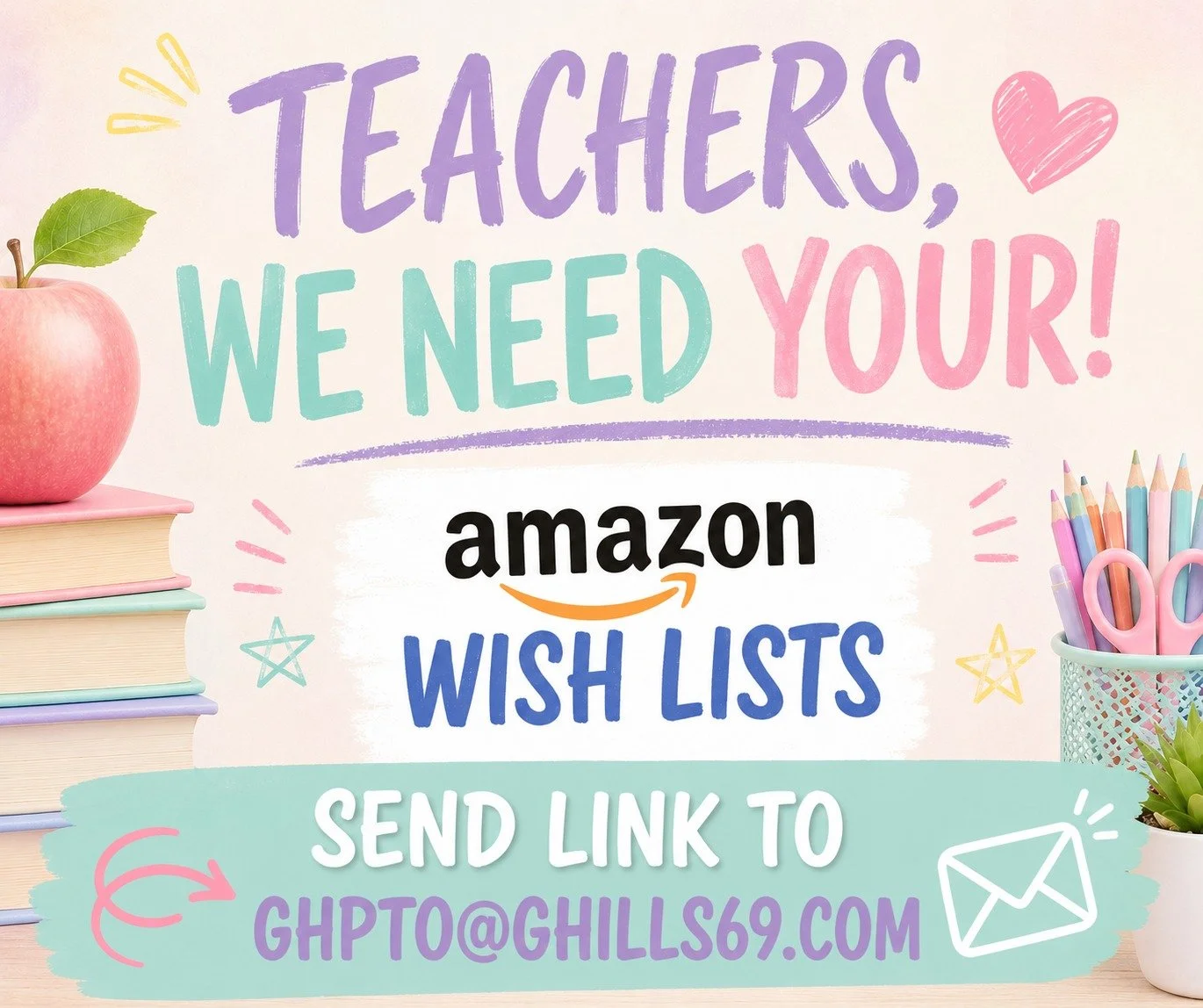 📣 Teachers, we need your Amazon Wish Lists!
Prime Days are earlier than usual this year, and we want to give our Germantown Hills families and community plenty of time to support our amazing teachers and staff.
If you have an Amazon Wish List for yo