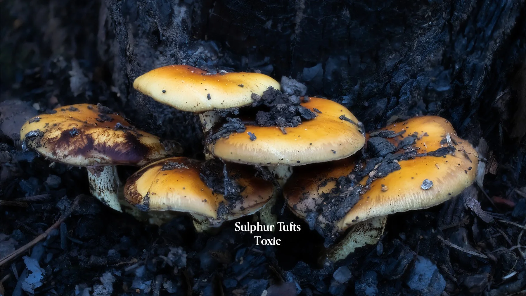 Group of yellowish-brown Sulfur Tuft (toxic) mushrooms growing on burnt wood with dark soil and debris around.