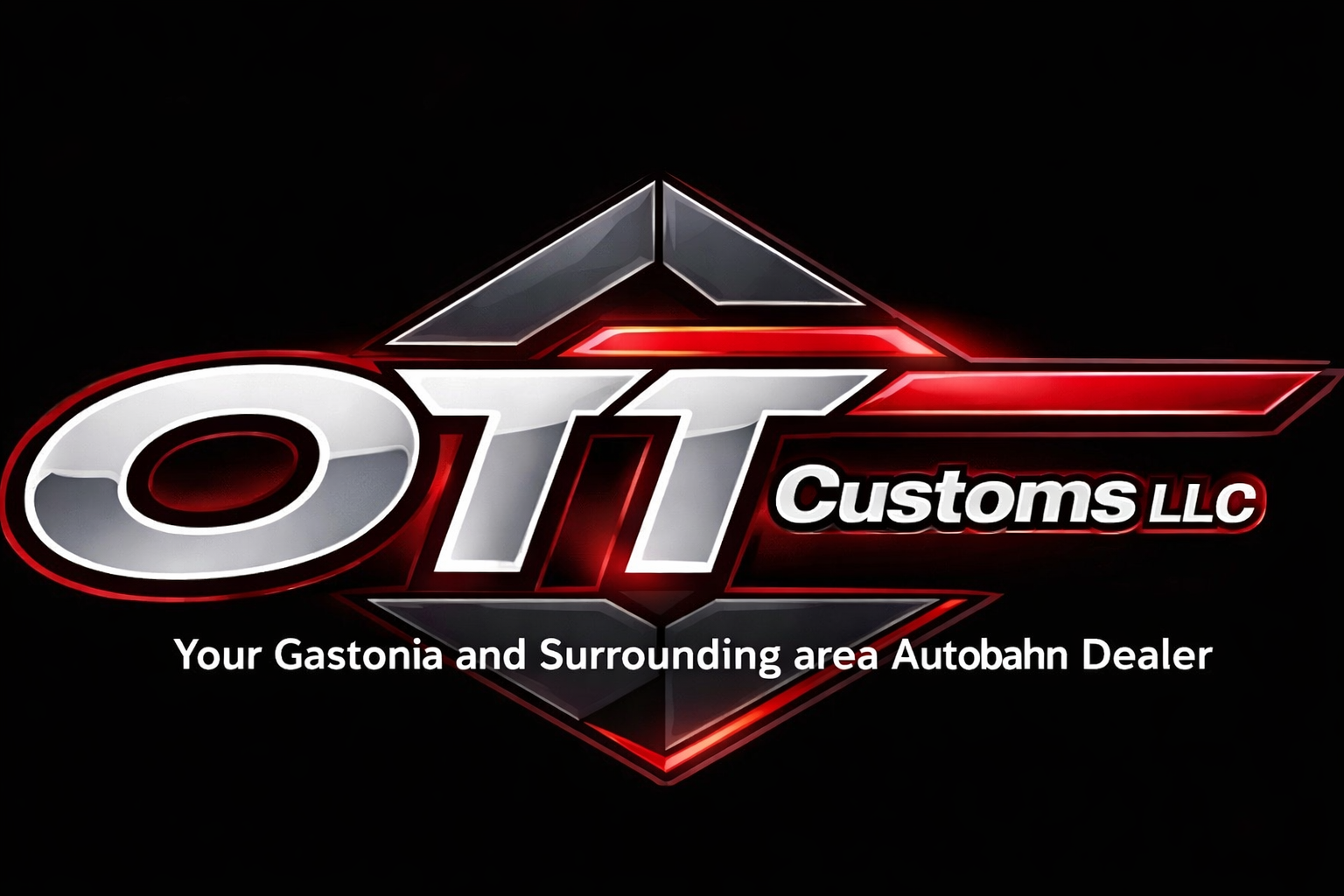 OTI Customs LLC logo with a stylized 3D text and a diamond shape, accompanied by the tagline 'Your Gastonia and Surrounding area Autobahn Dealer'