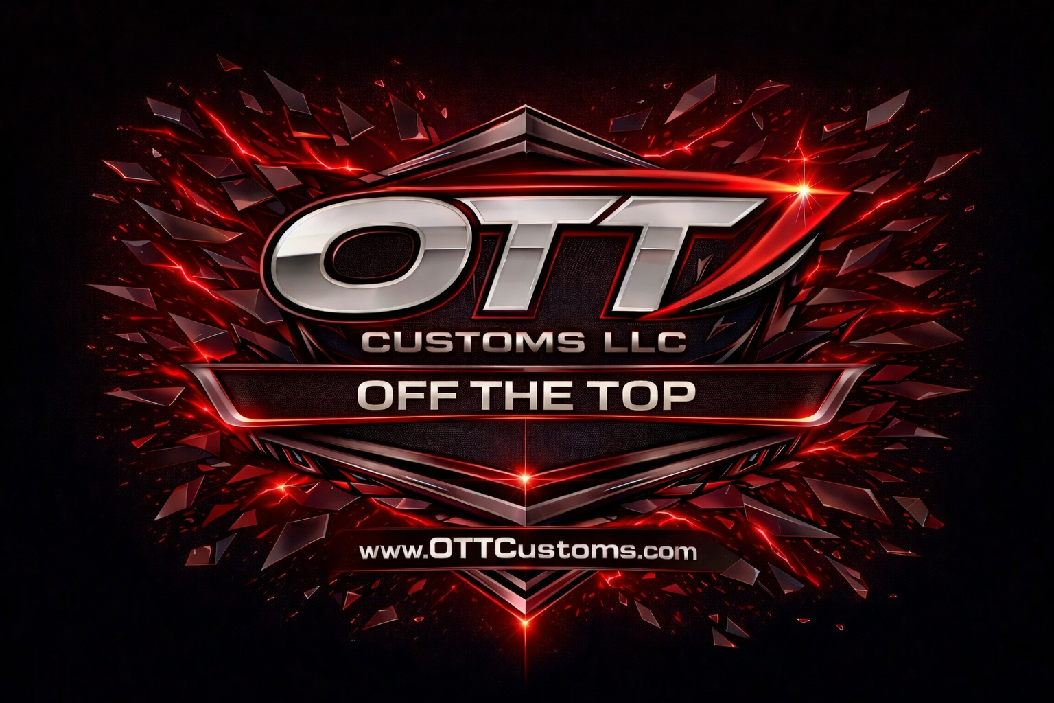 Logo for OTT Customs LLC with the tagline 'Off the Top', featuring a metallic shield design, red sparks, and the website www.OTTCustoms.com.