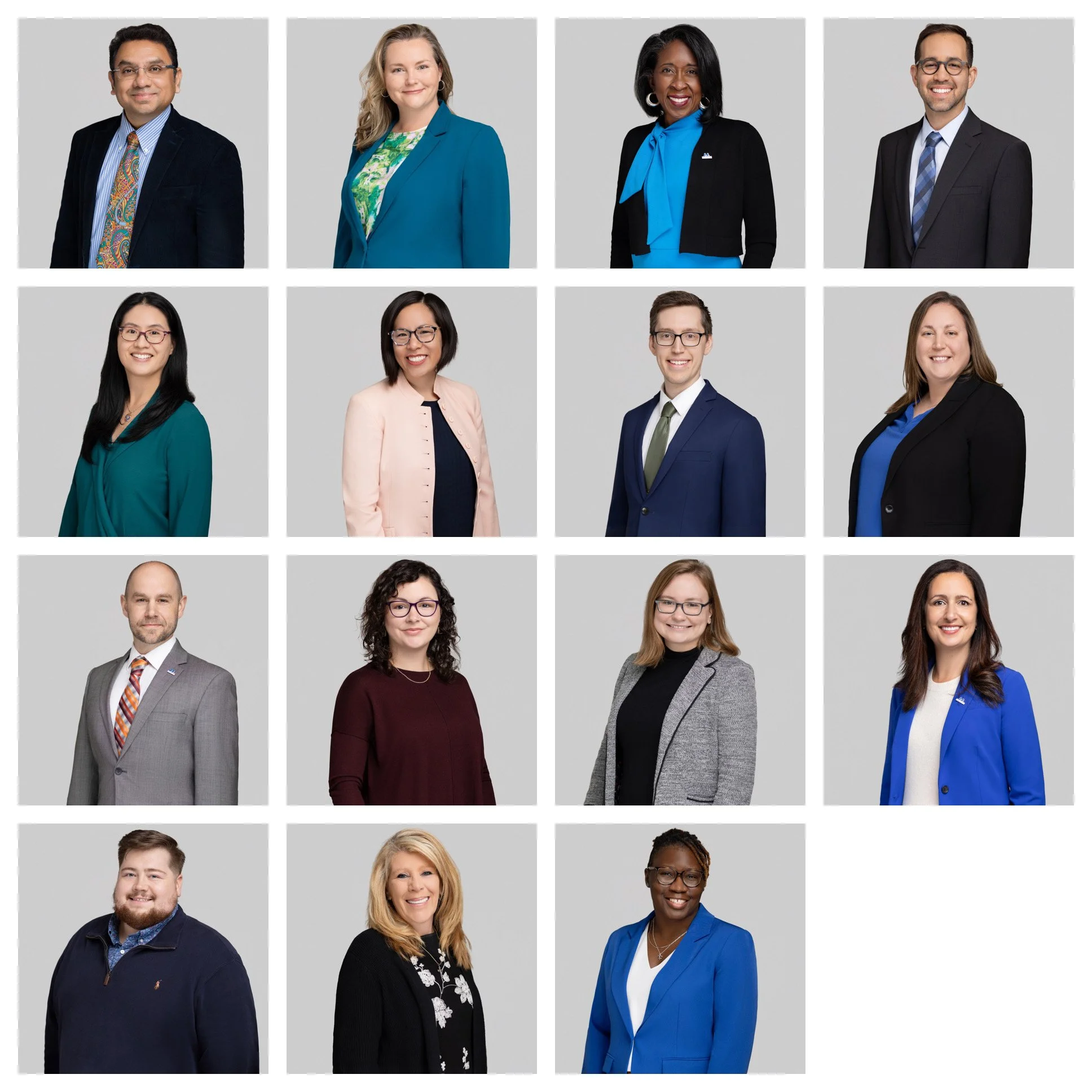 A collage of 15 professional headshots of diverse men and women smiling, dressed in business attire, against a gray background.