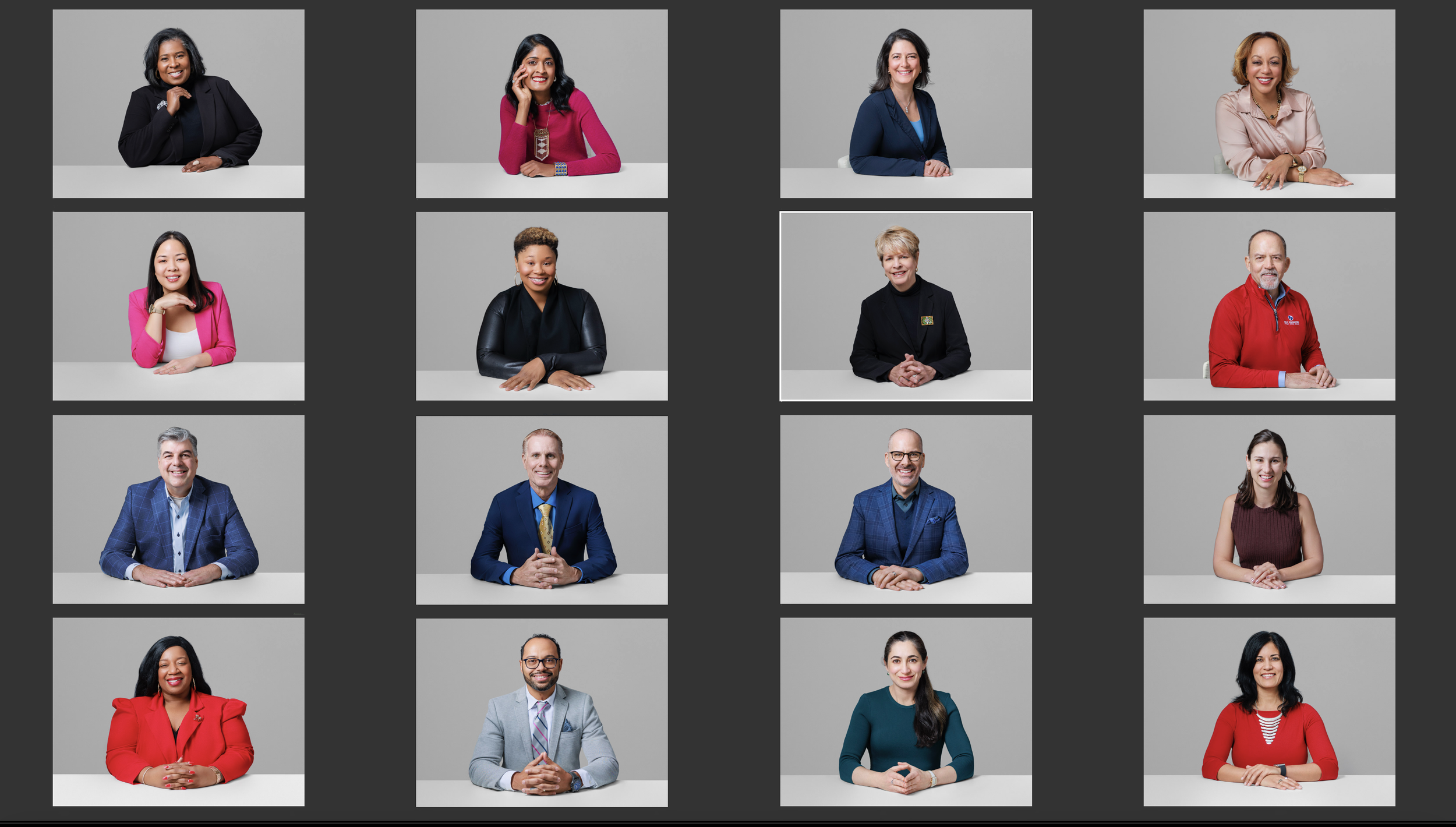 Collage of 16 diverse professionals, 4 rows and 4 columns, seated at white tables with gray background.