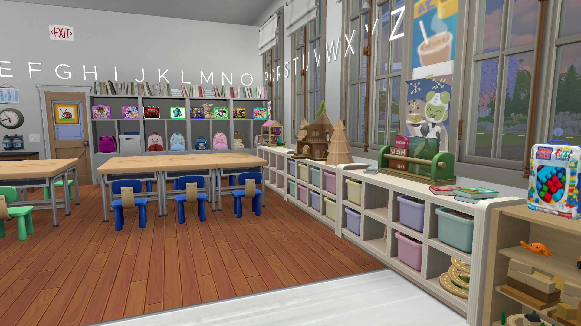 This photo shows the right side of cubbies for backpacks and the shelves mostly with manipulatives and toys (legos, for example).