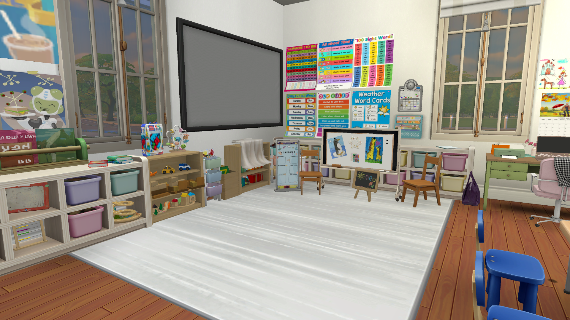 This photo shows the carpet for circle time, which usually has two chairs for morning meeting. 