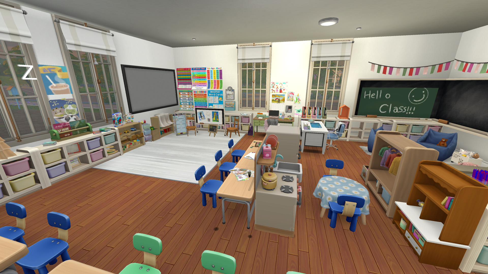 This photo shows pretty well how the room is "split" into different spaces.