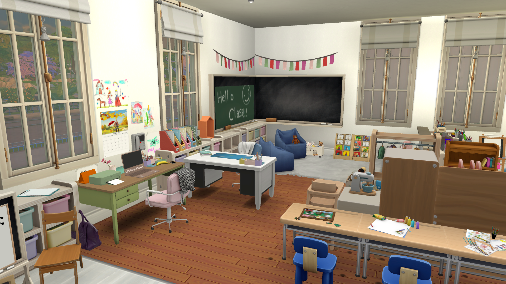 In this photo, you can see the teachers desk. Above her desk, there is a mix of logistical information, like a calendar or schedule, but she also hangs up art given to her by her students. 
