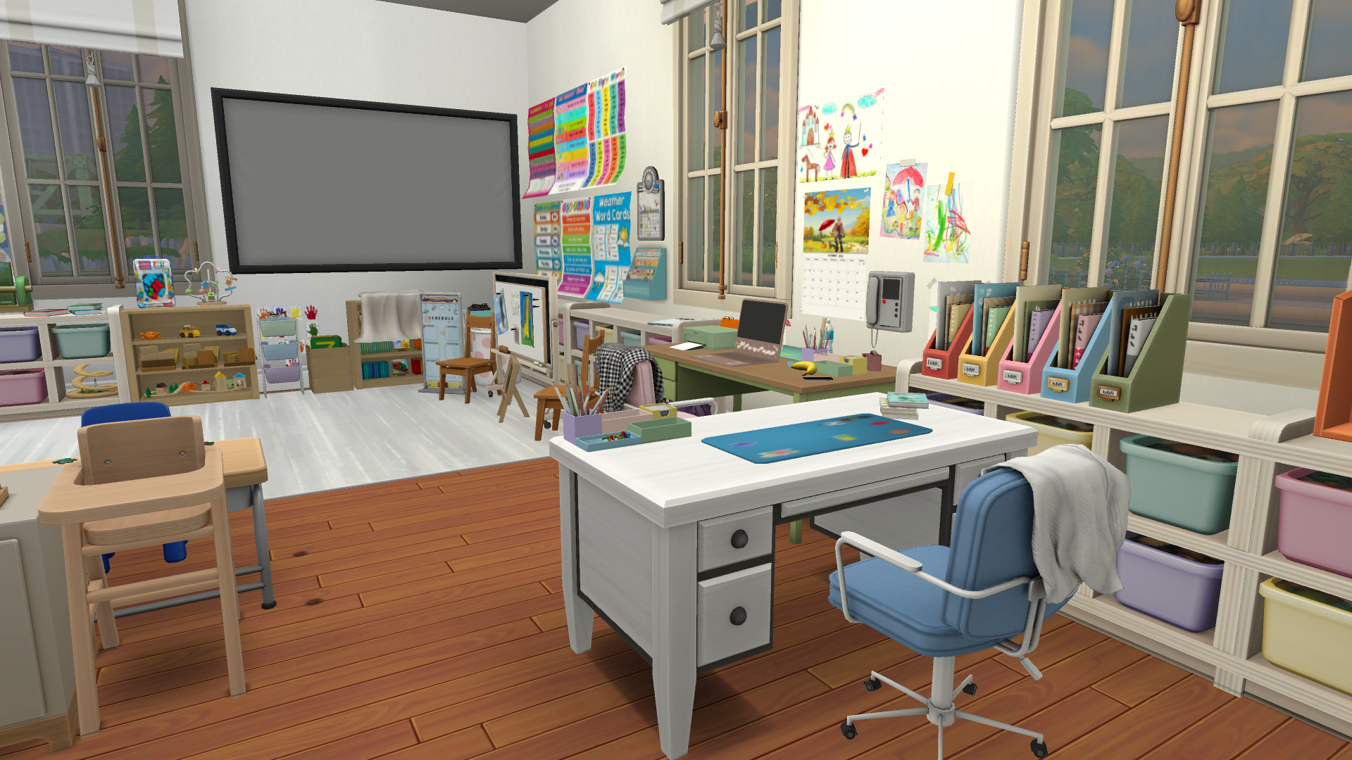 This photo shows the perspective from my desk, facing the teacher's desk, the carpet for circle time and the smartboard.